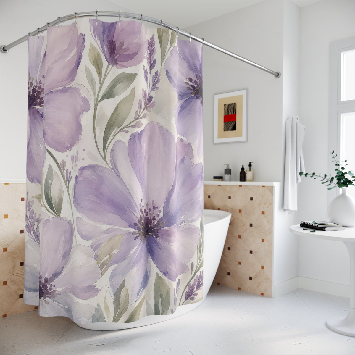 Lavender Modern Flower purple floral shower curtain beside a freestanding tub