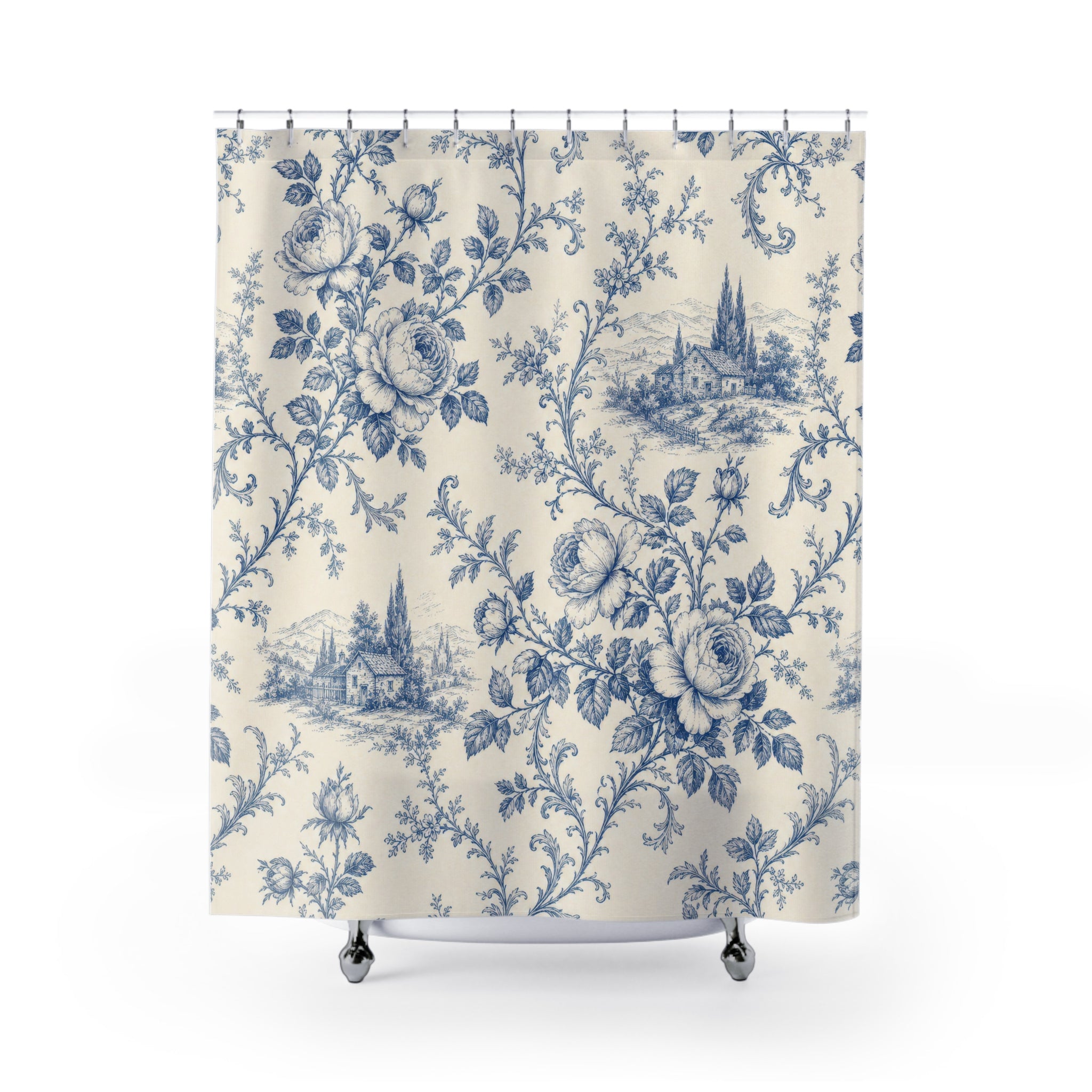 Blue Ivory French Country Floral Scene Shower Curtain