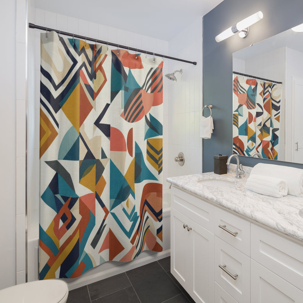 Mid Century Geometric Shower Curtain – Teal and Rust