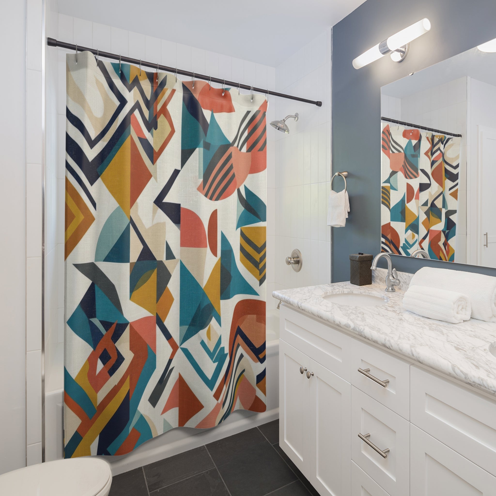 Mid Century Geometric Shower Curtain – Teal and Rust