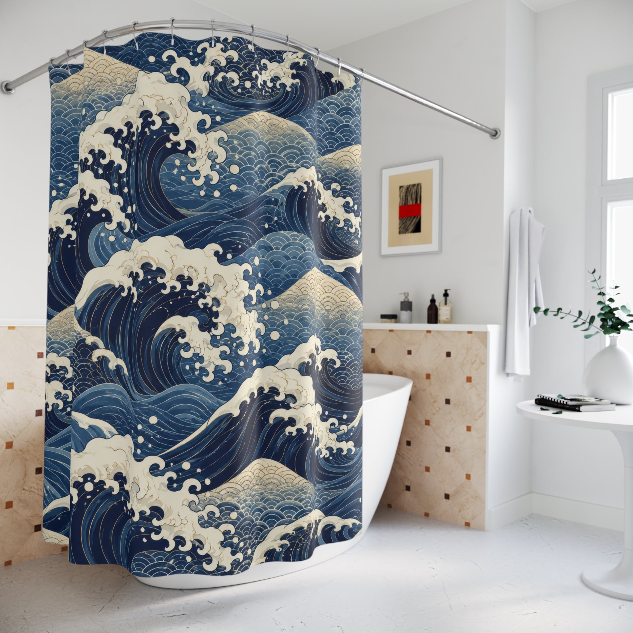 Japanese Wave Shower Curtain: Indigo Blue Ocean