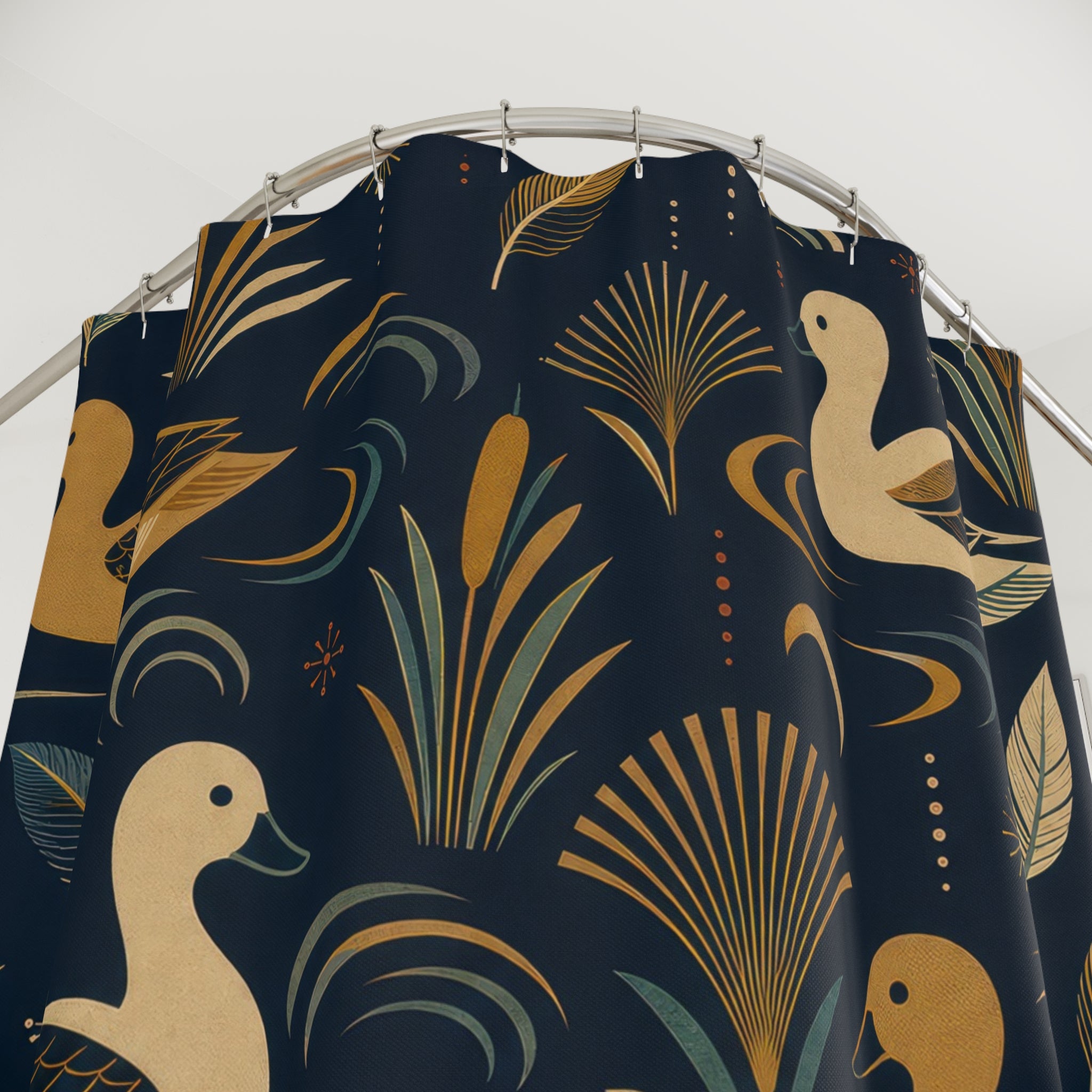 Navy Gold Duck Fan Shower Curtain
