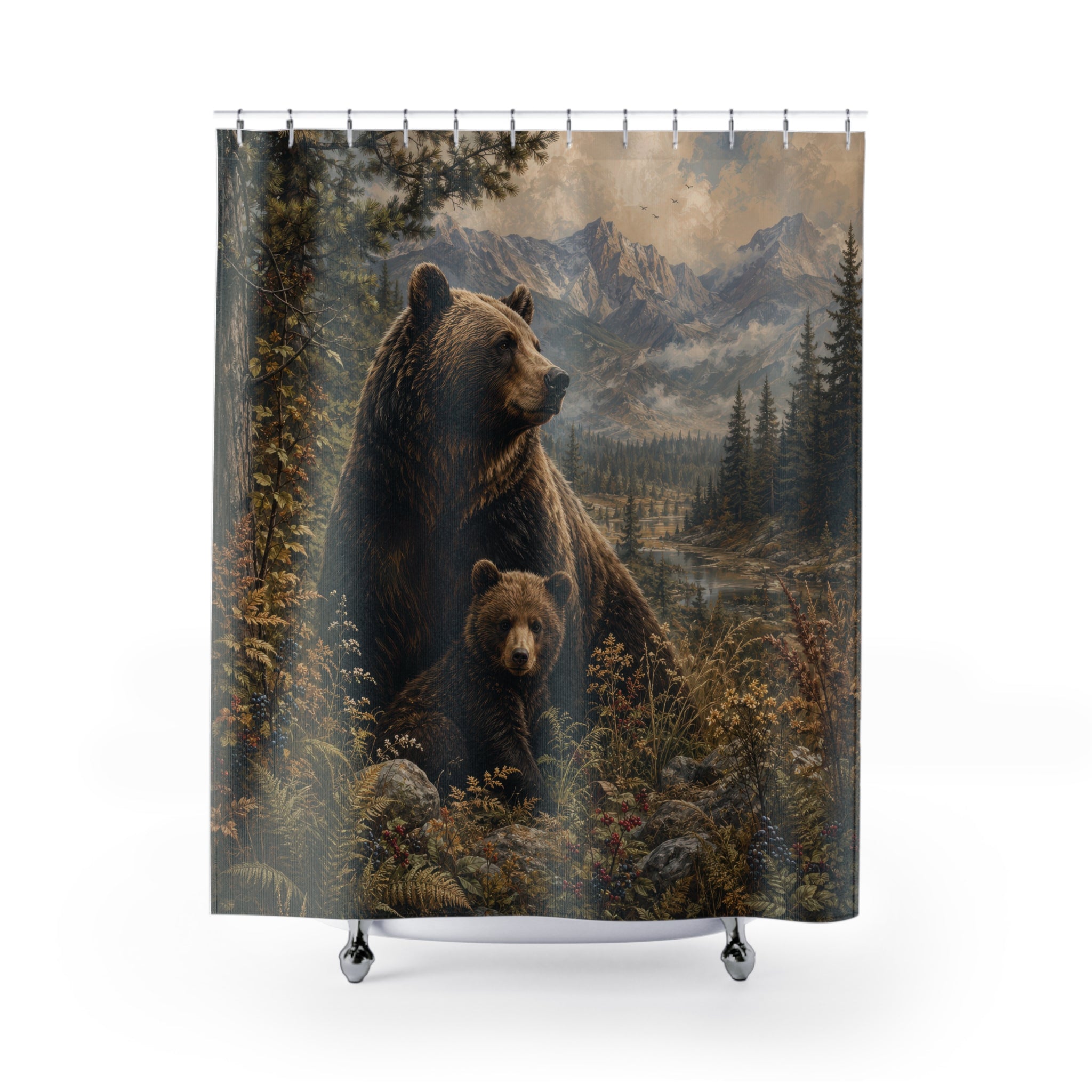 Bear Shower Curtain: Mother Bear Cub Forest Scene