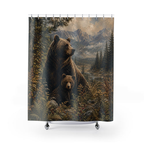 Bear Shower Curtain: Mother Bear Cub Forest Scene
