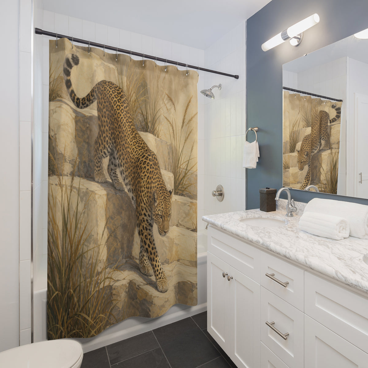 Leopard on Stone Steps Shower Curtain