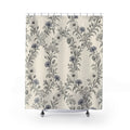 Grey daisies and cornflowers in airy garlands on ivory shower curtain with full front view