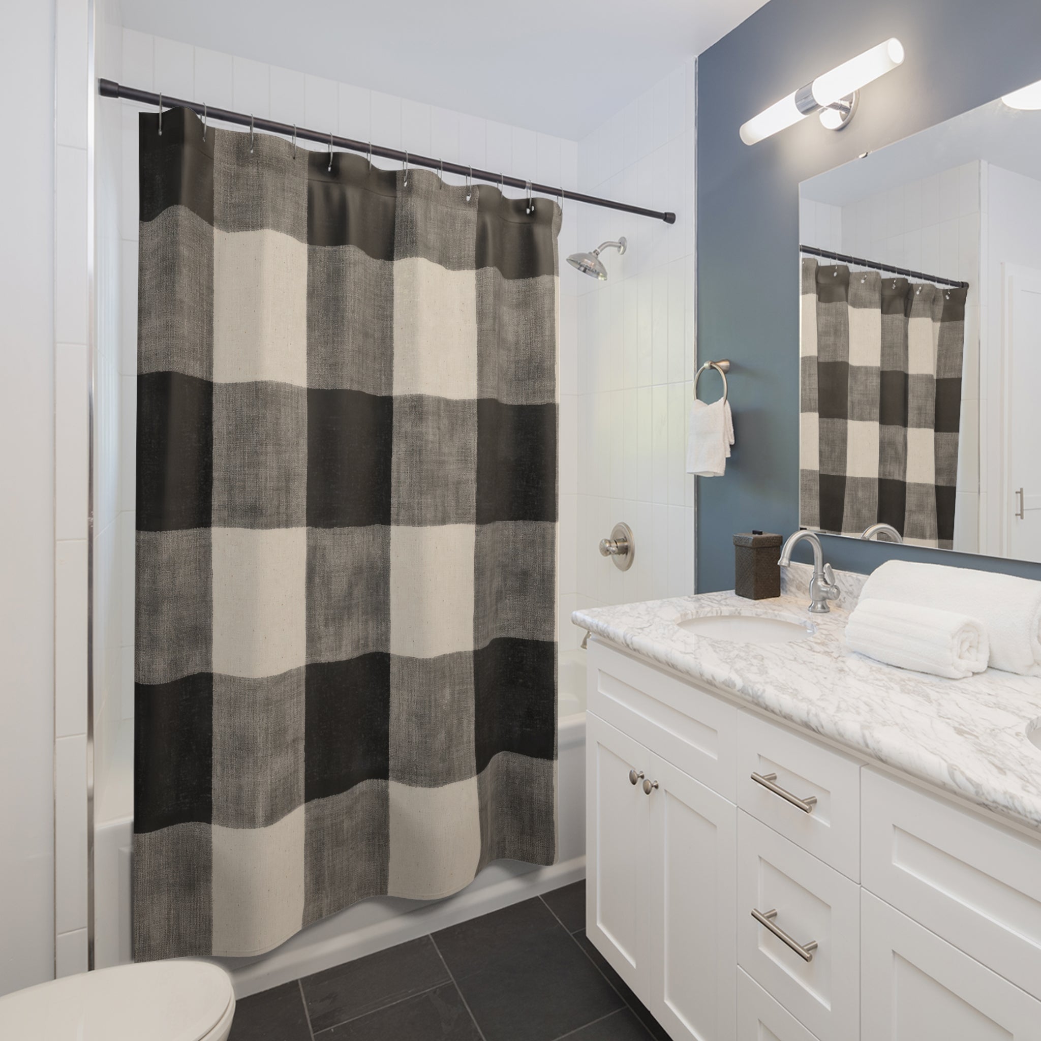 Buffalo Plaid Shower Curtain, Black White Farmhouse Bath Decor, Large Checkered Pattern, Classic Neutral Guest Bathroom Decor Style