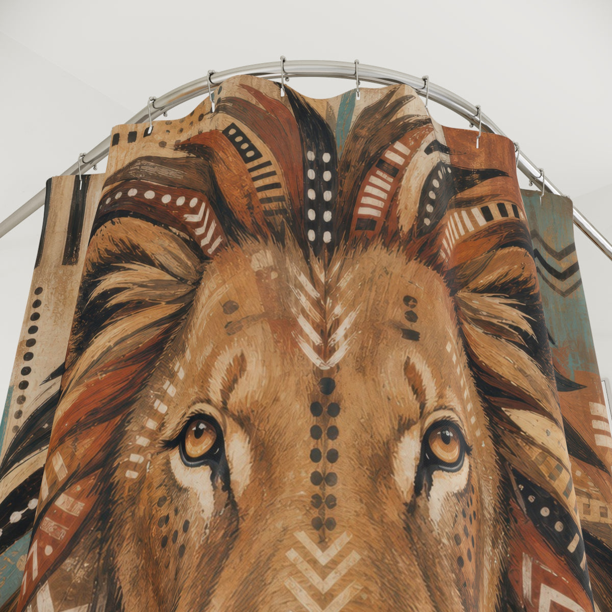 Earth Tone Patterned Animal Portrait shower curtain with close-up print, hooks, and folds