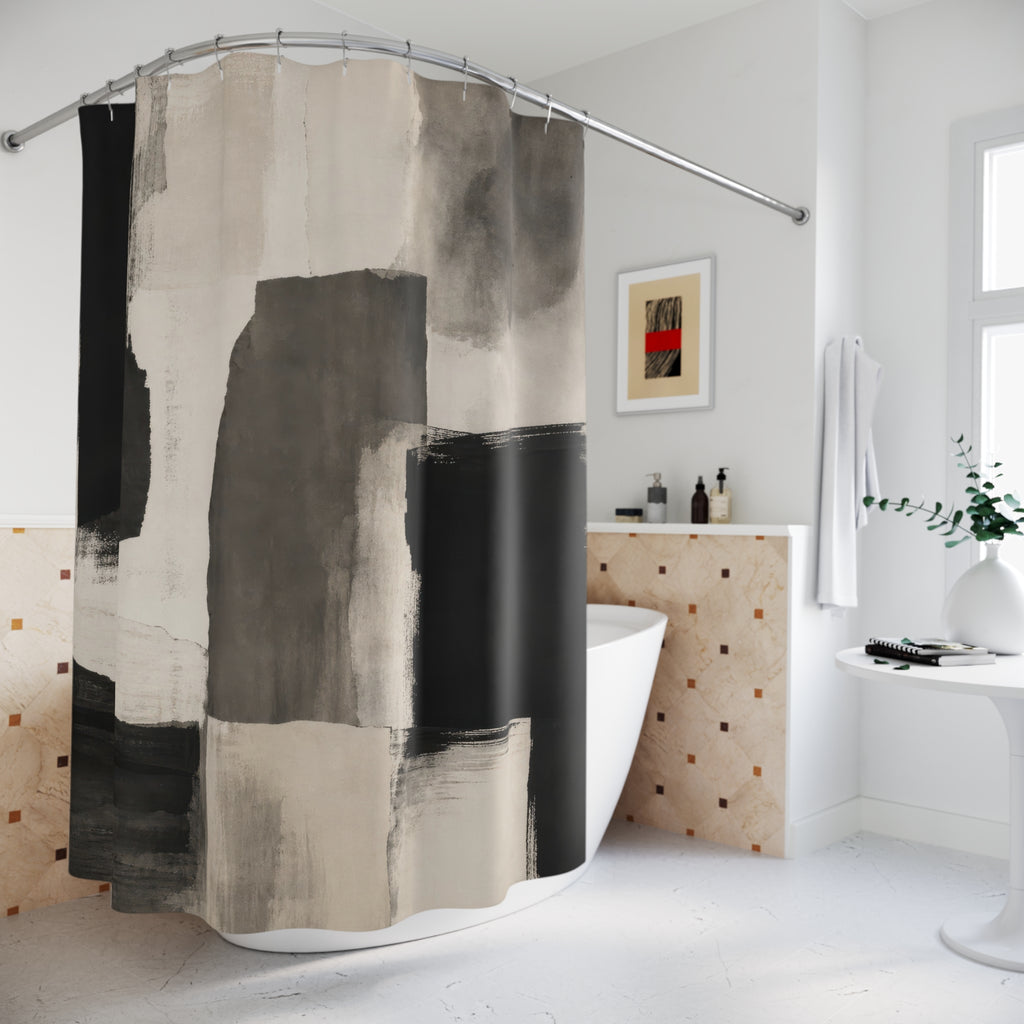 Black Gray charcoal abstract block shower curtain beside a freestanding tub