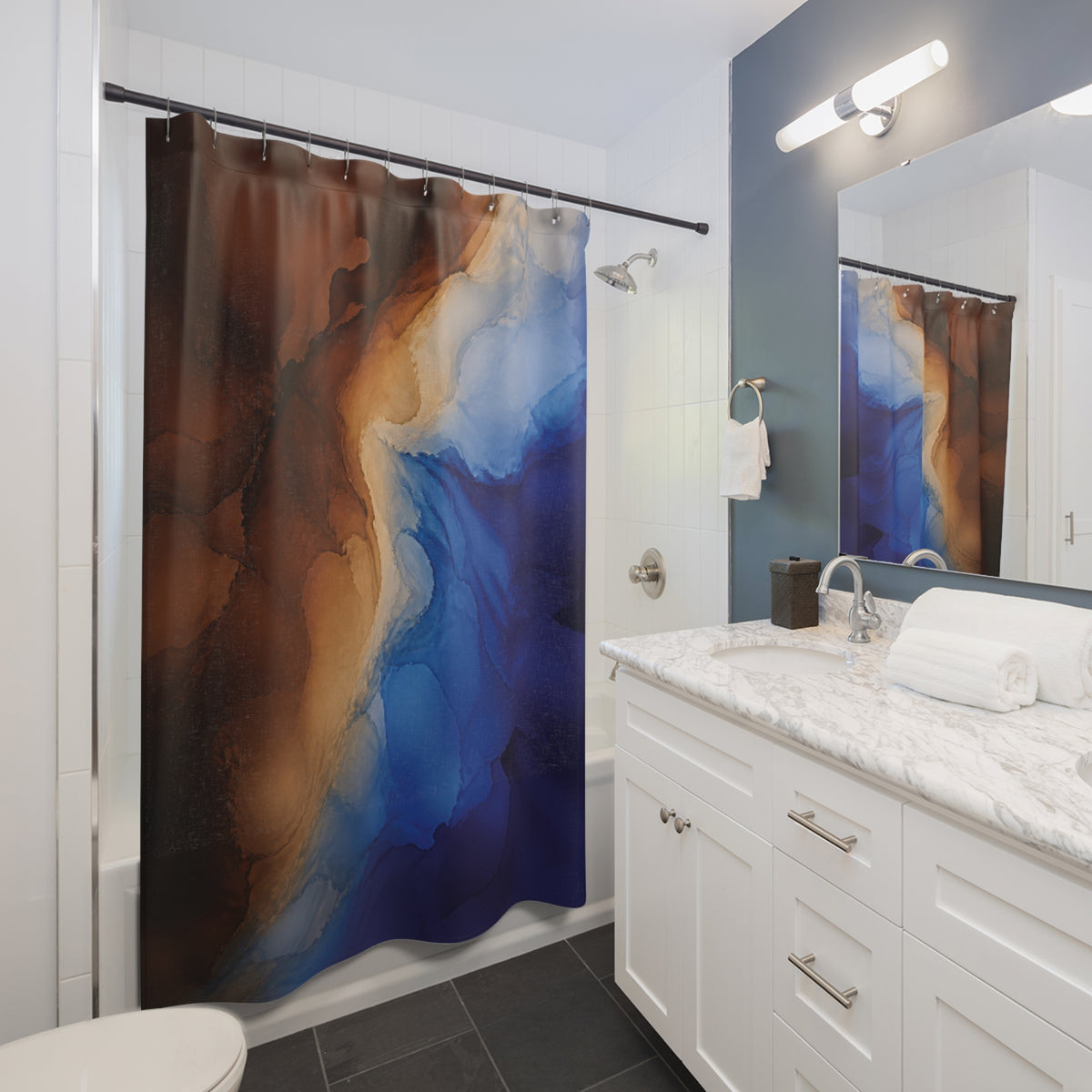 Blue and Brown Flowing Ink Wash Shower Curtain