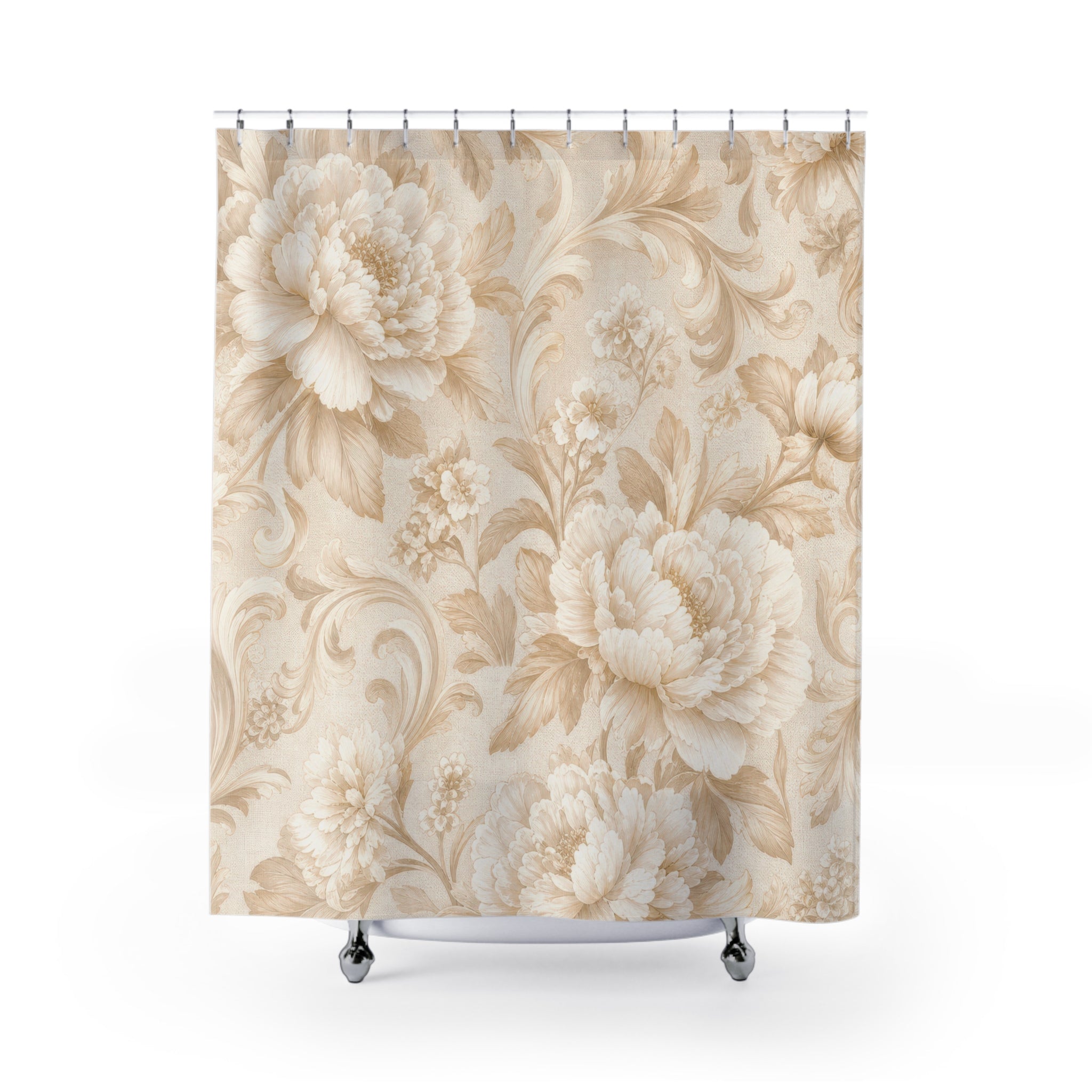 Elegant Beige Shower Curtain: Cream Floral Botanical Pattern