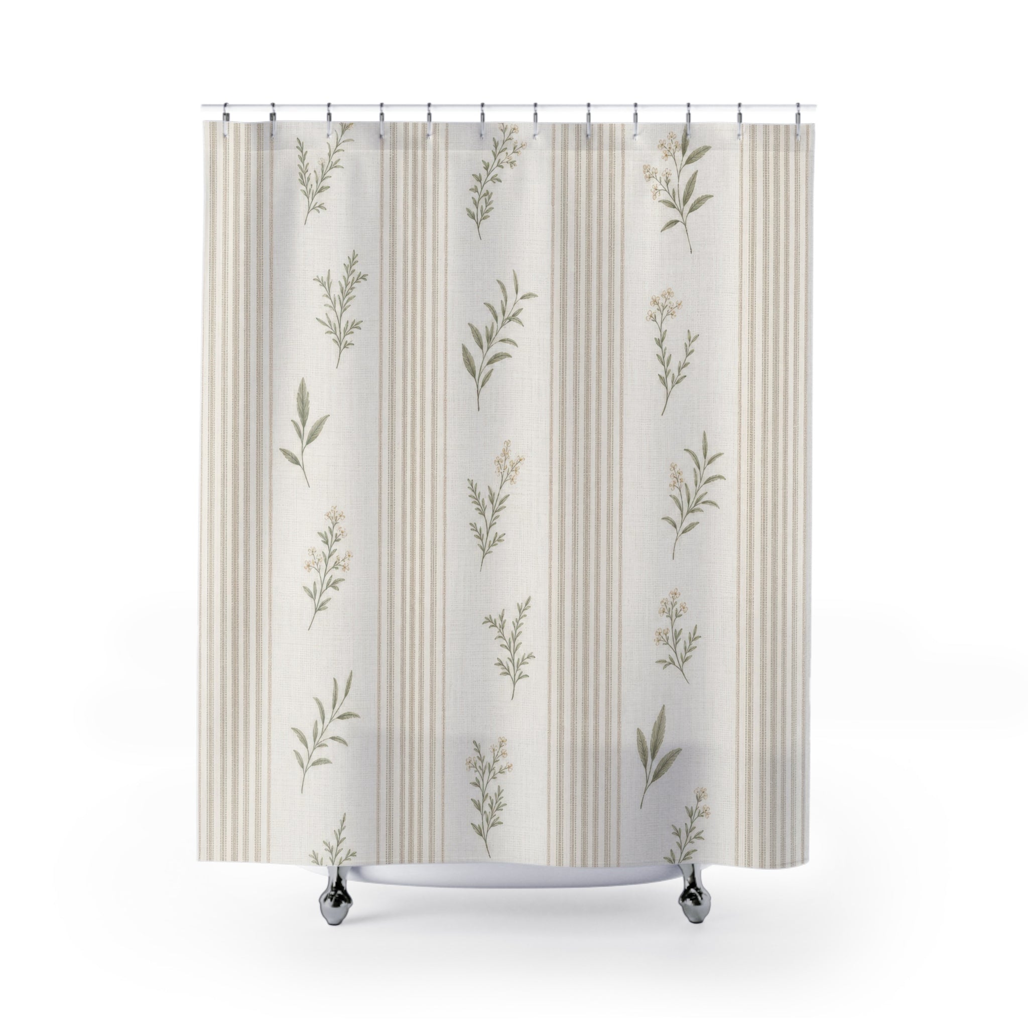 Botanical Stripe White Farmhouse Shower Curtain
