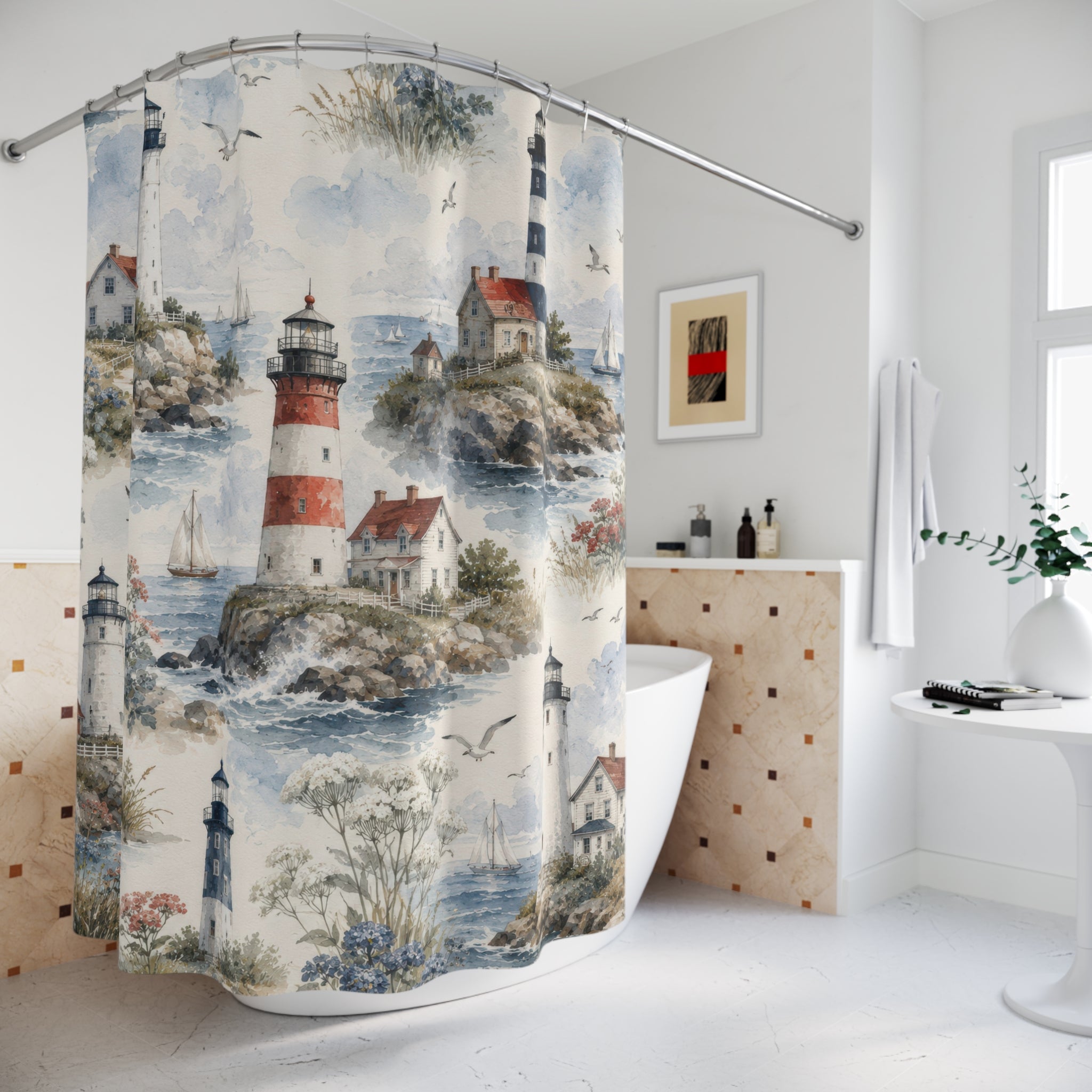 Lighthouse Shower Curtain: Coastal Watercolor