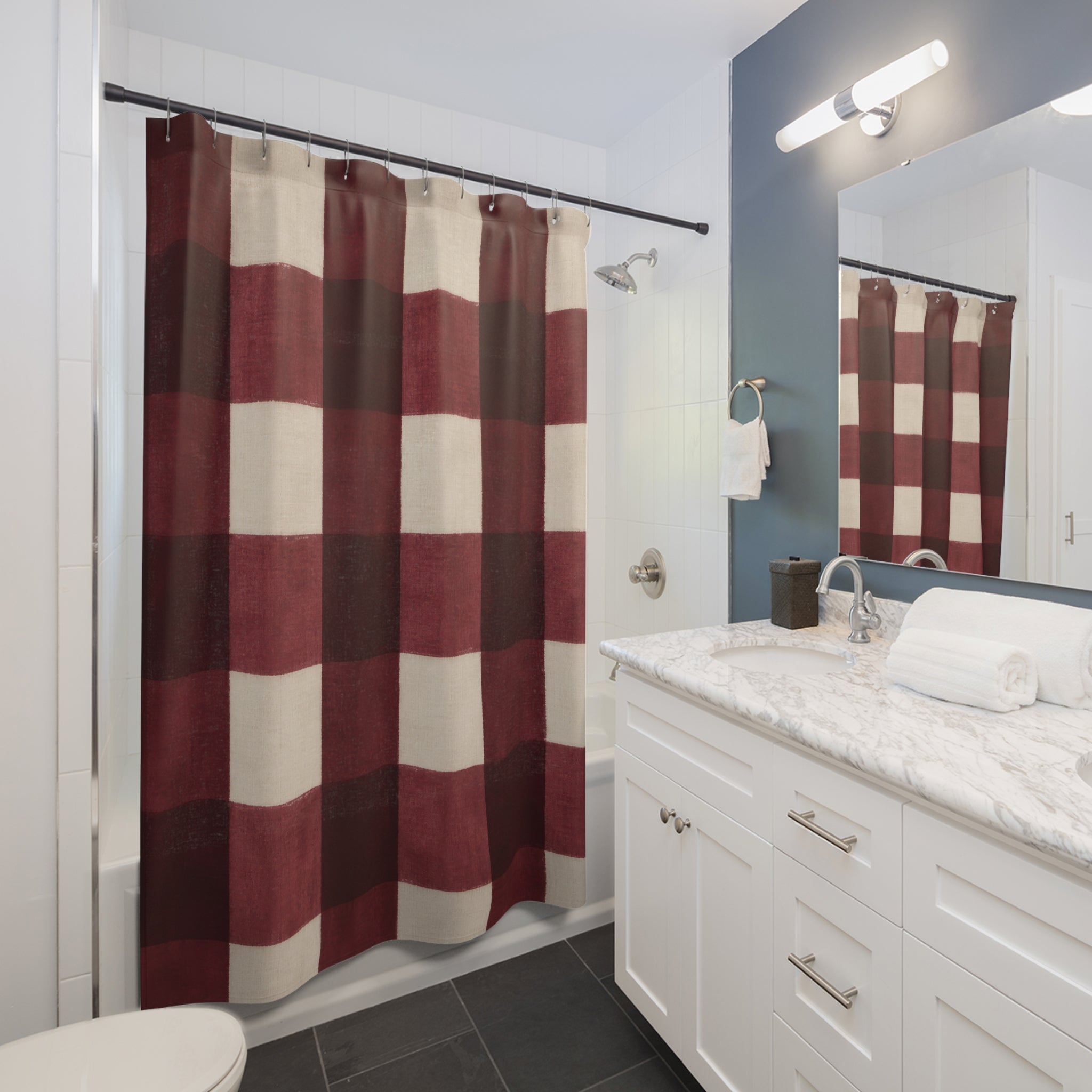 Buffalo Check Shower Curtain, Burgundy Red Cream Plaid Pattern, Farmhouse Bathroom Decor, Country Guest Bath Holiday Style