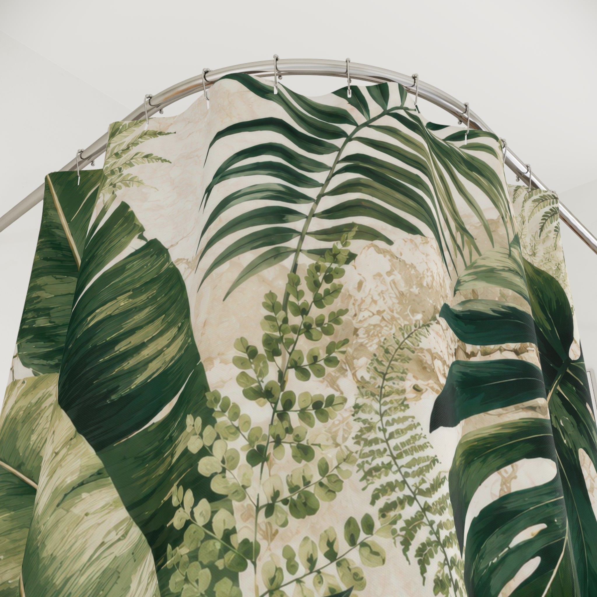 Green Beige Tropical Leaf Shower Curtain: Monstera Palm