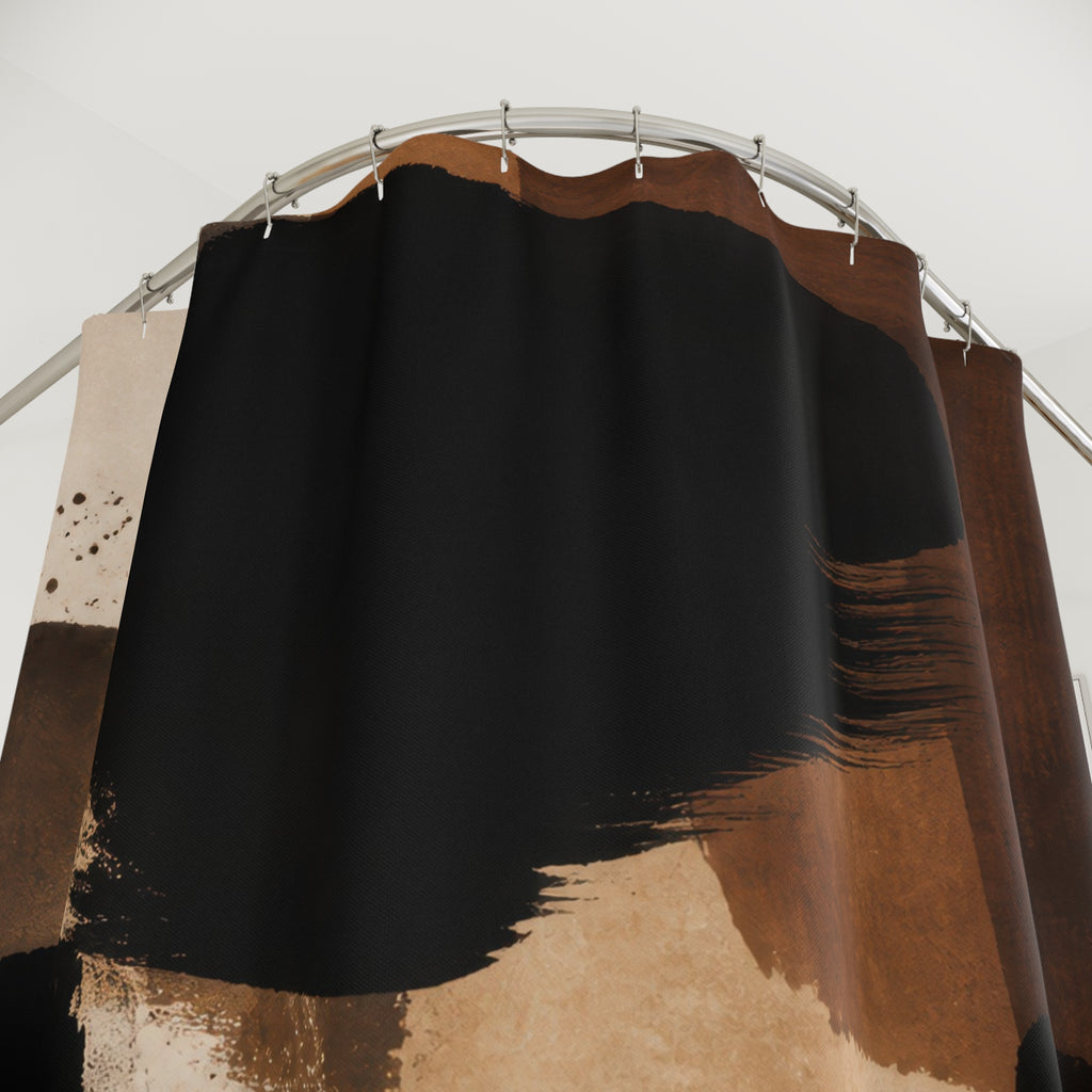 Brown Abstract Shower Curtain, Black Cream Modern Bath Decor, Painterly Block Pattern, Modern Warm Neutral Guest Bathroom Decor Style