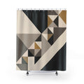 Geometric triangles in charcoal, ivory, taupe and ochre shower curtain with full front view