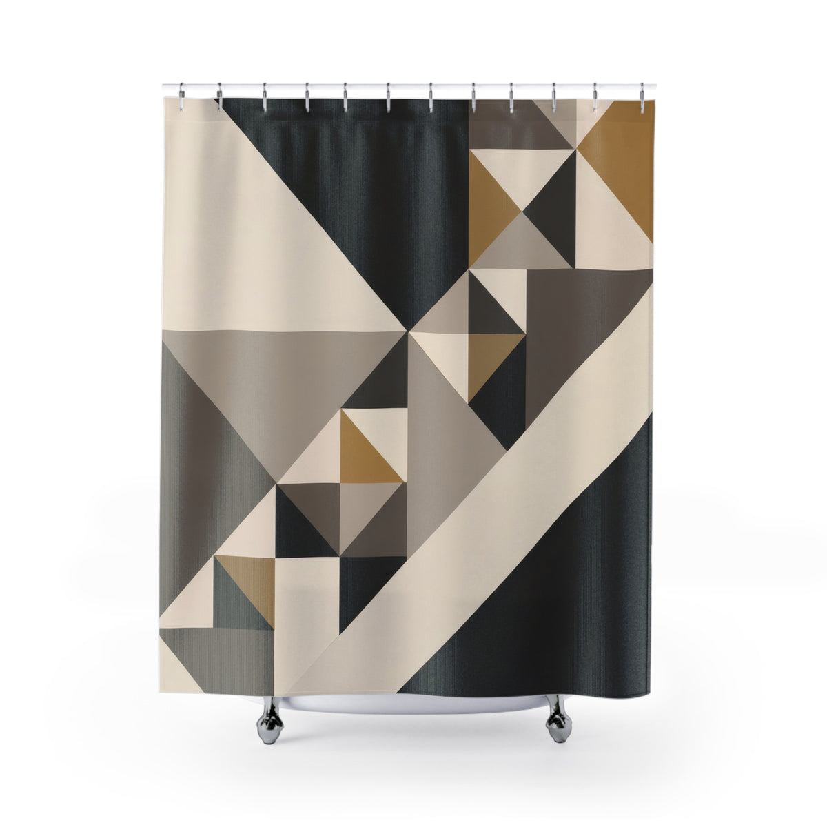 Geometric triangles in charcoal, ivory, taupe and ochre shower curtain with full front view