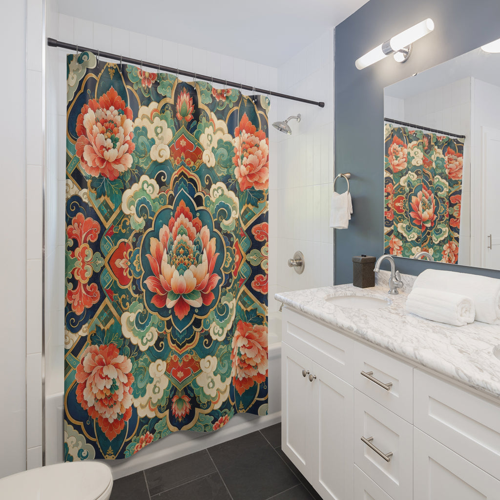 Korean Floral Shower Curtain: Teal Green Lotus Mandala