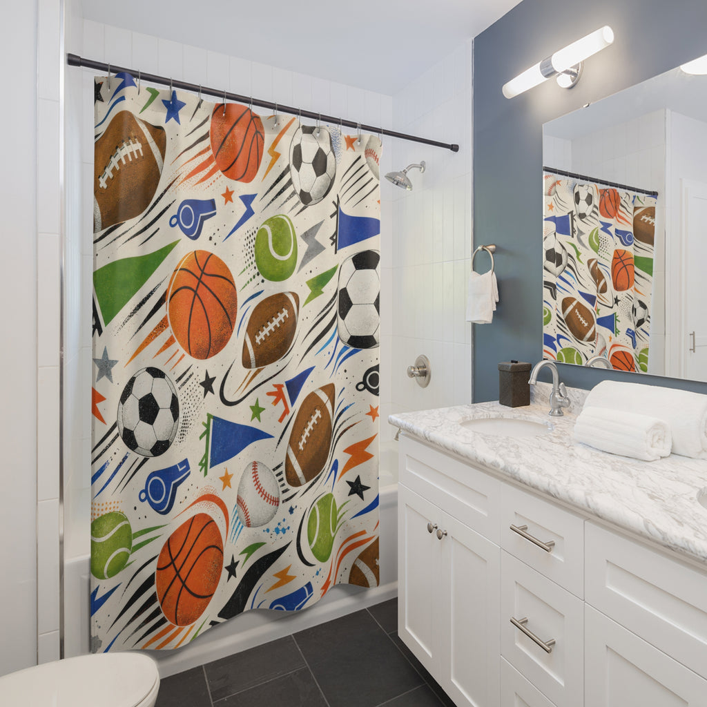 Sports Ball Shower Curtain, Basketball Soccer Football Bathroom Decor, Athletic Kids Bath Curtain, Boys Sports Bathroom Art, Game Room Decor