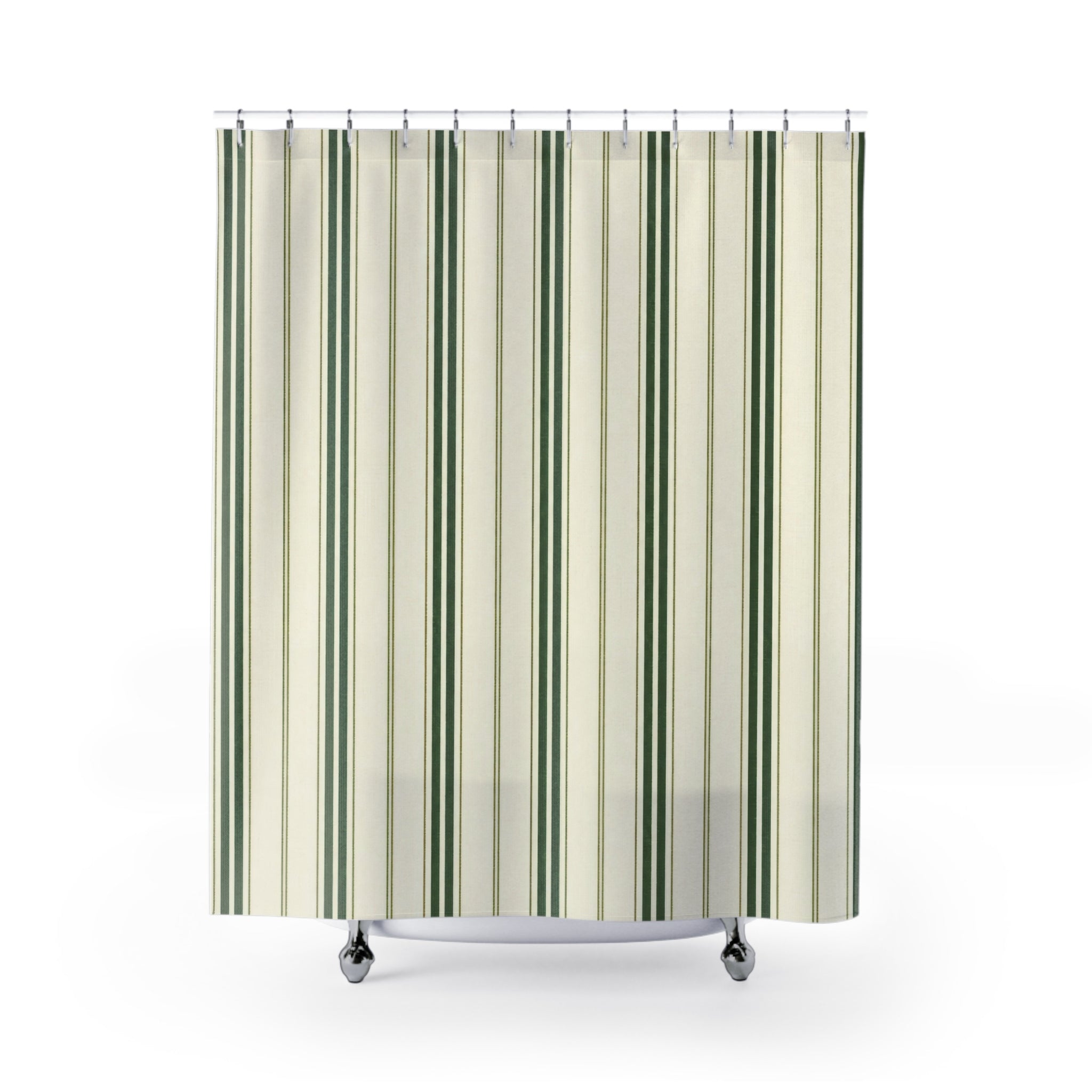 Green Ticking Stripe Shower Curtain, Forest Cream Bathroom Decor, Classic Green Stripe Bath Curtain, Guest Bathroom Decor, Small Bath Decor
