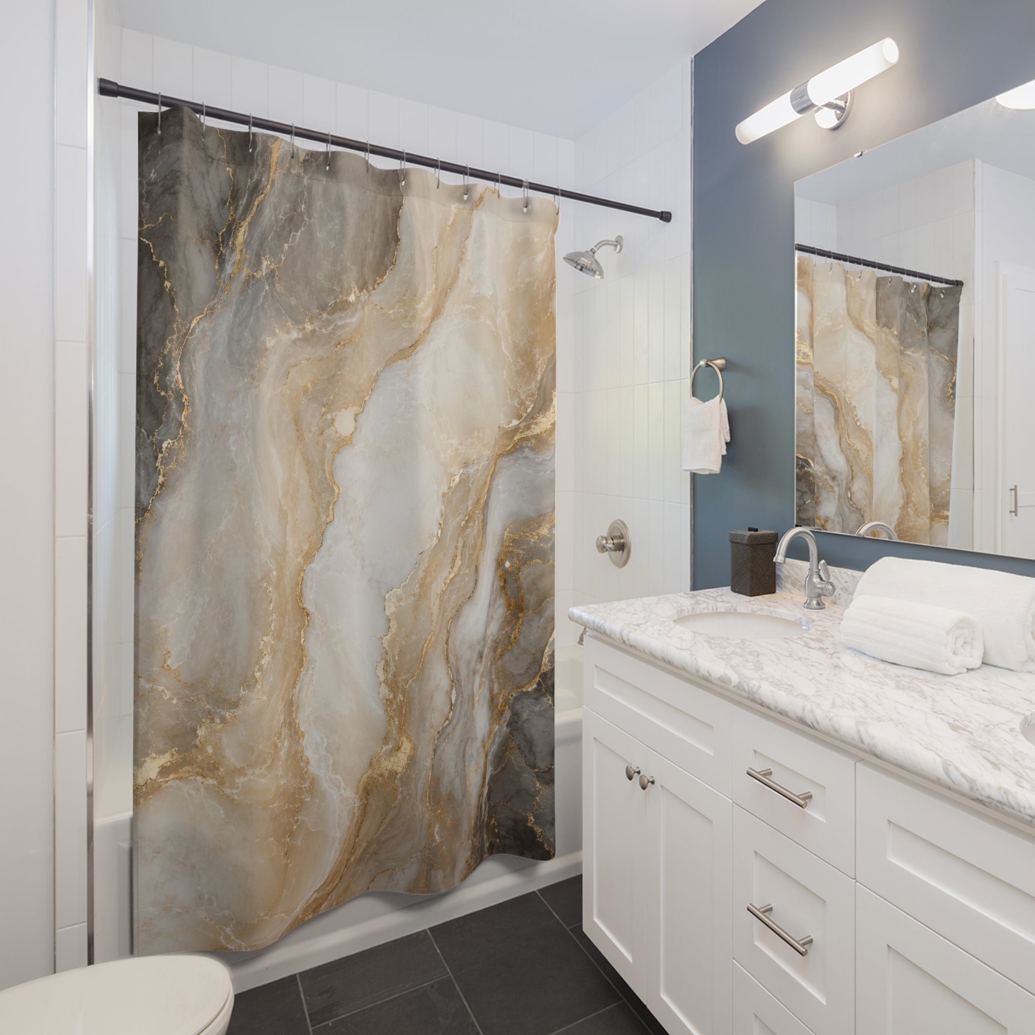 Marble Shower Curtain: White Gold Stone