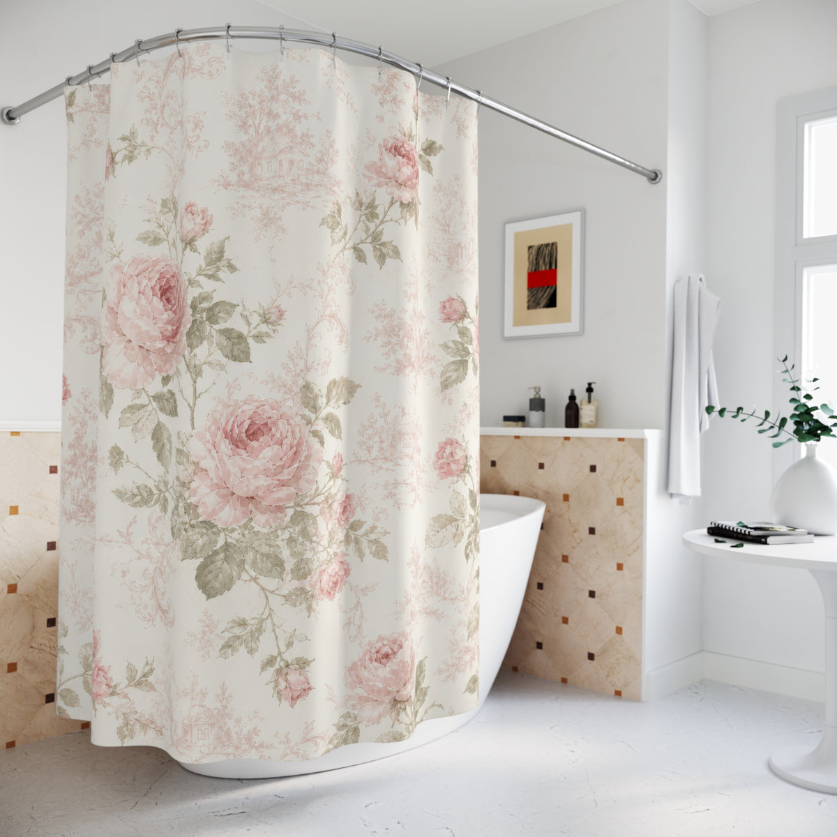 Pink Rose Floral Shabby Chic Botanical Vintage shower curtain beside a freestanding tub