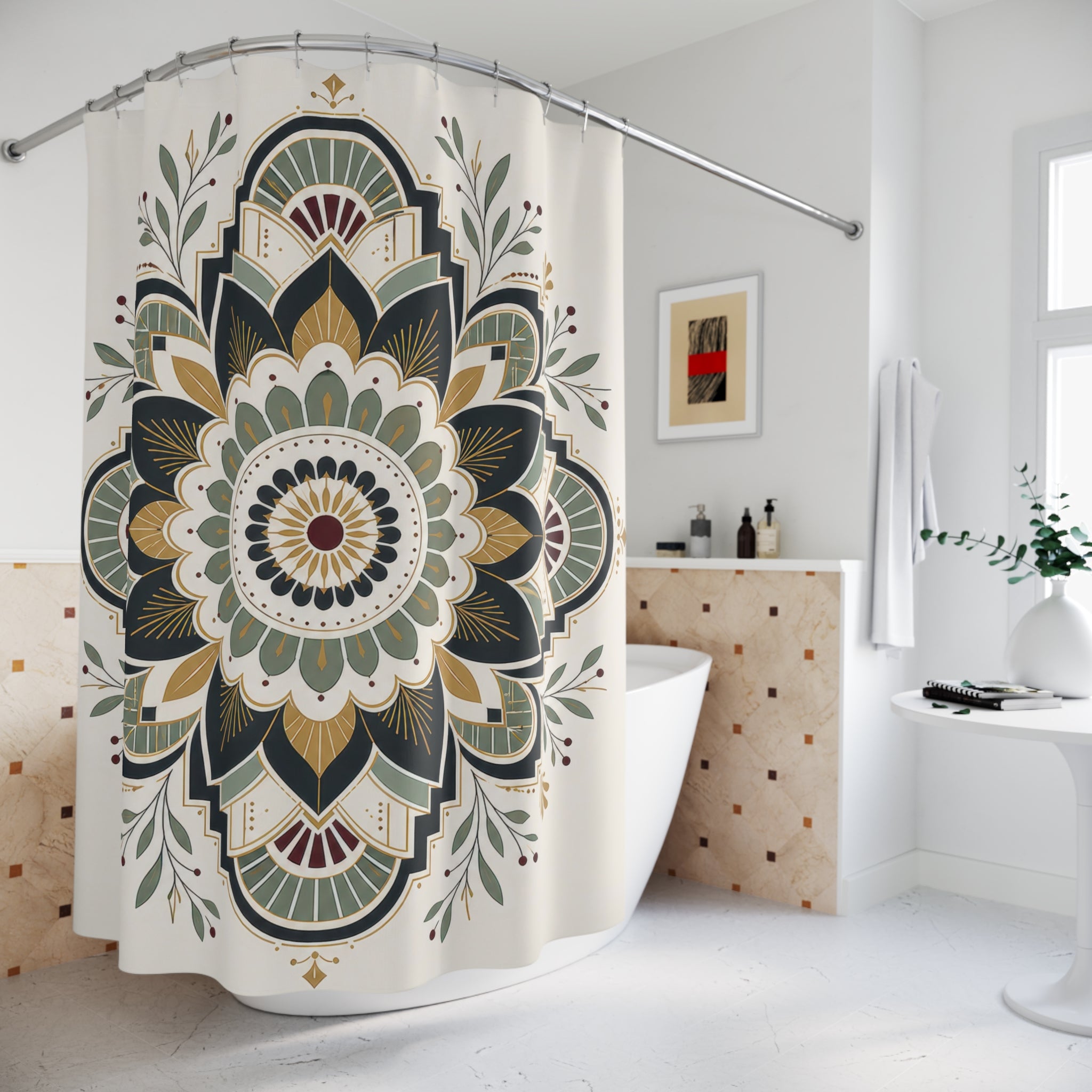 Black Green Gold Medallion Shower Curtain