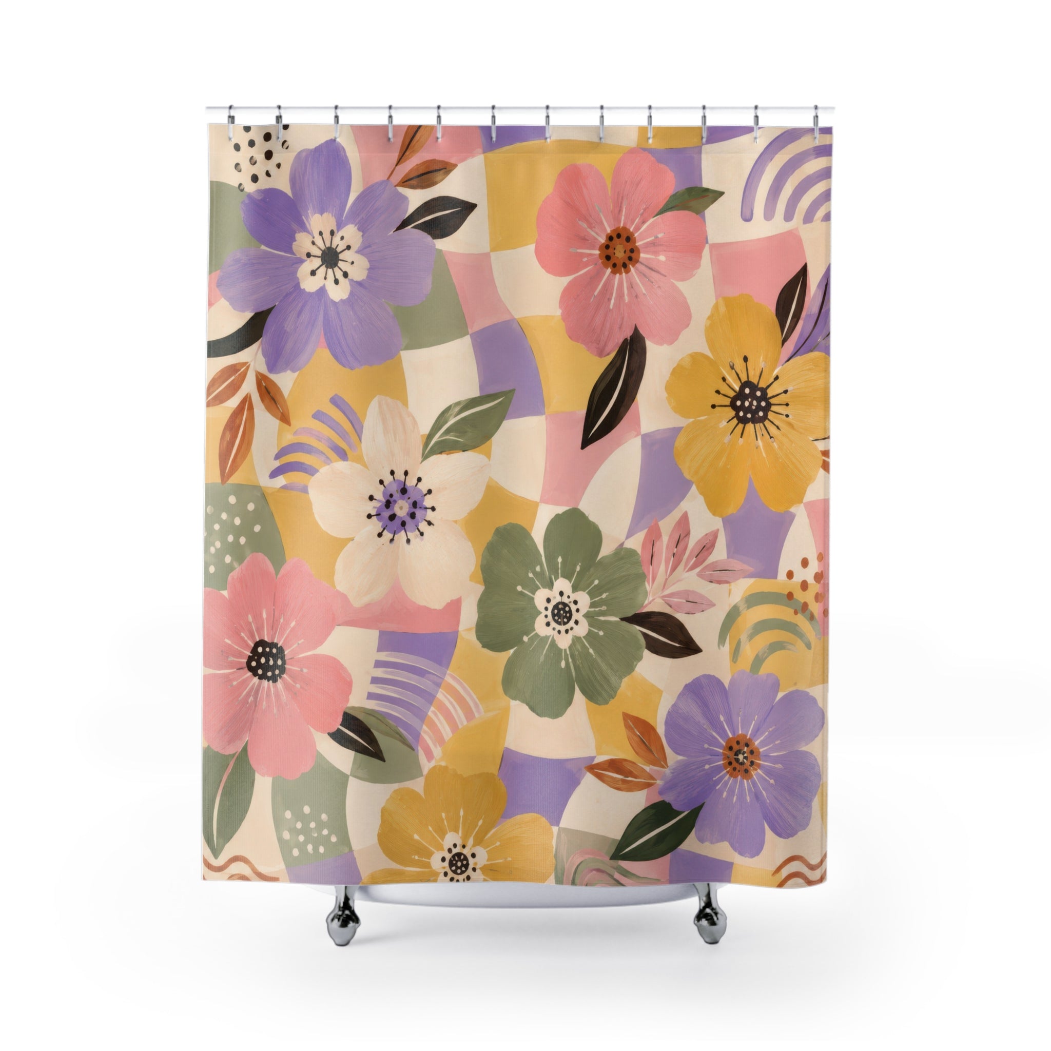 Trendy Floral Shower Curtain: Pastel Checkerboard