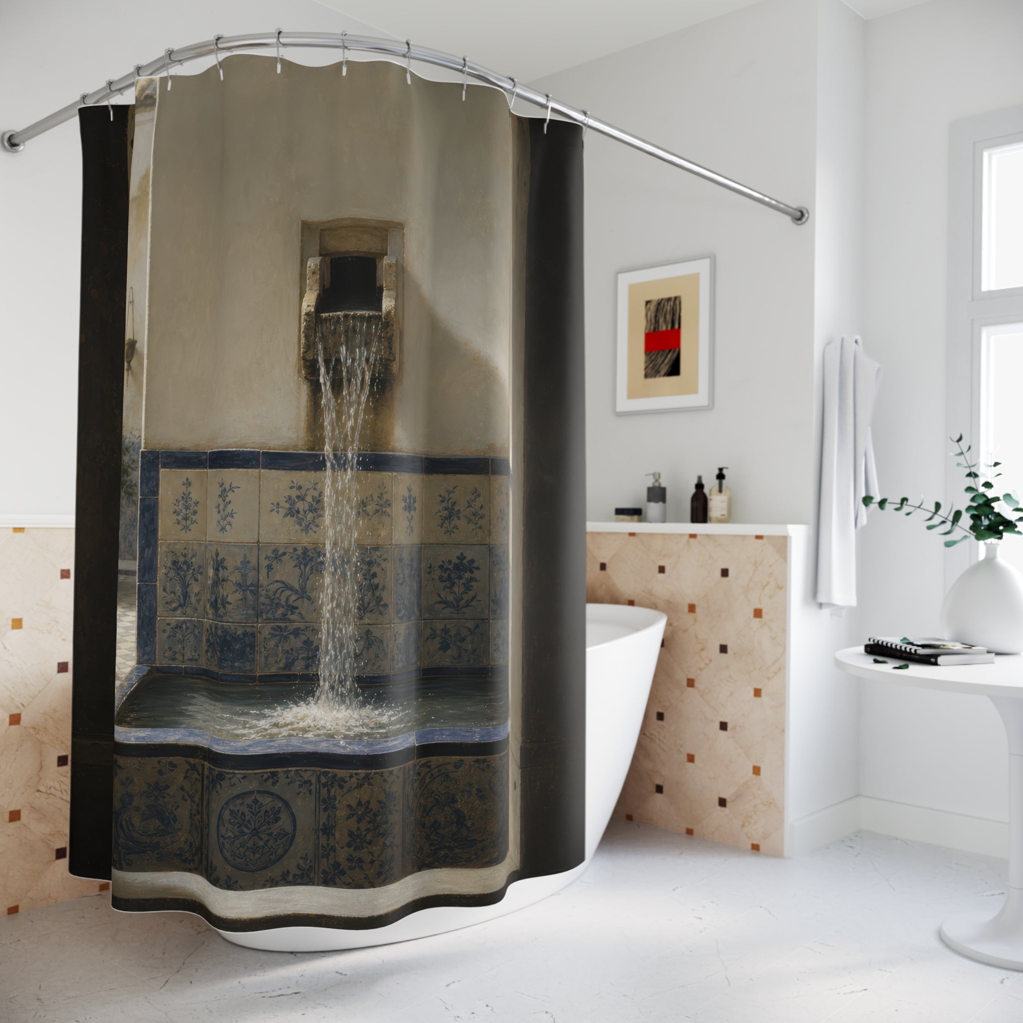 Blue Tile Water Feature Print Shower Curtain
