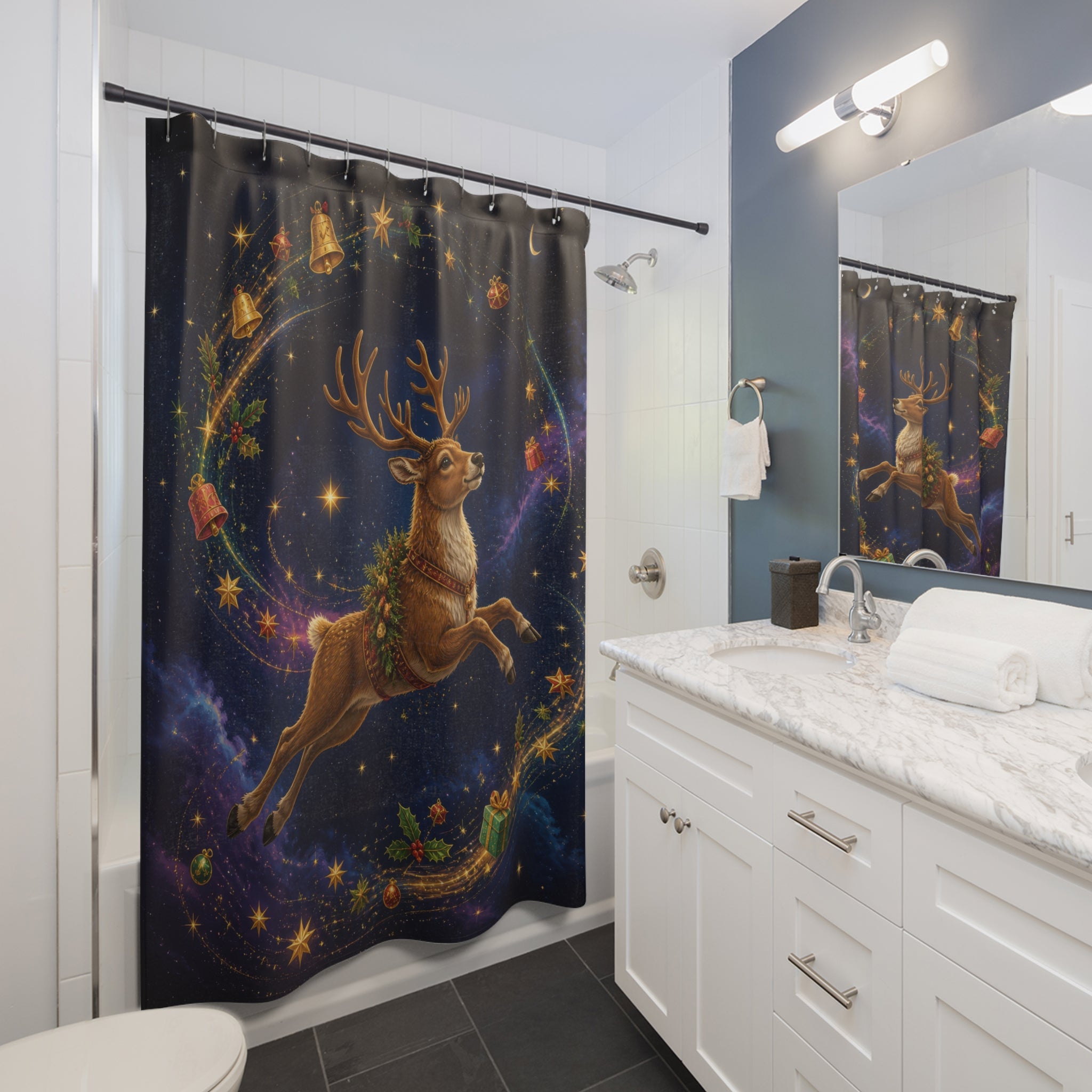 Flying reindeer within a celestial Christmas wreath shower curtain beside a white vanity