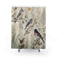 Titmouse bluebird grosbeak and wren among sage botanicals shower curtain with full front view