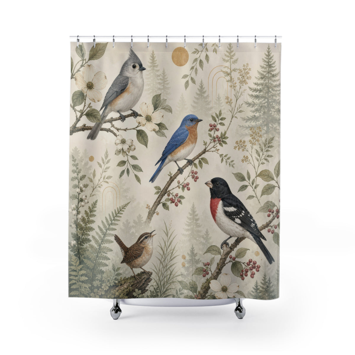 Titmouse bluebird grosbeak and wren among sage botanicals shower curtain with full front view