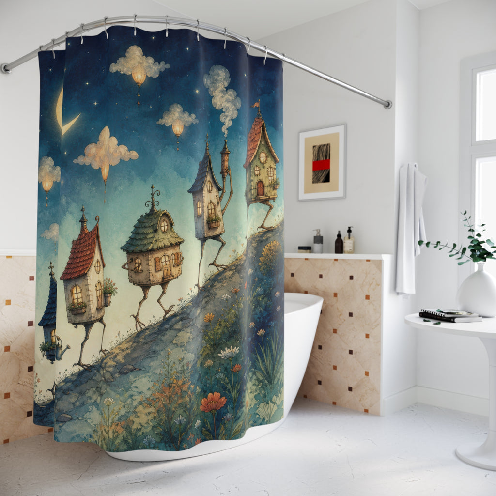 Whimsical walking village beneath a crescent moon shower curtain beside a freestanding tub