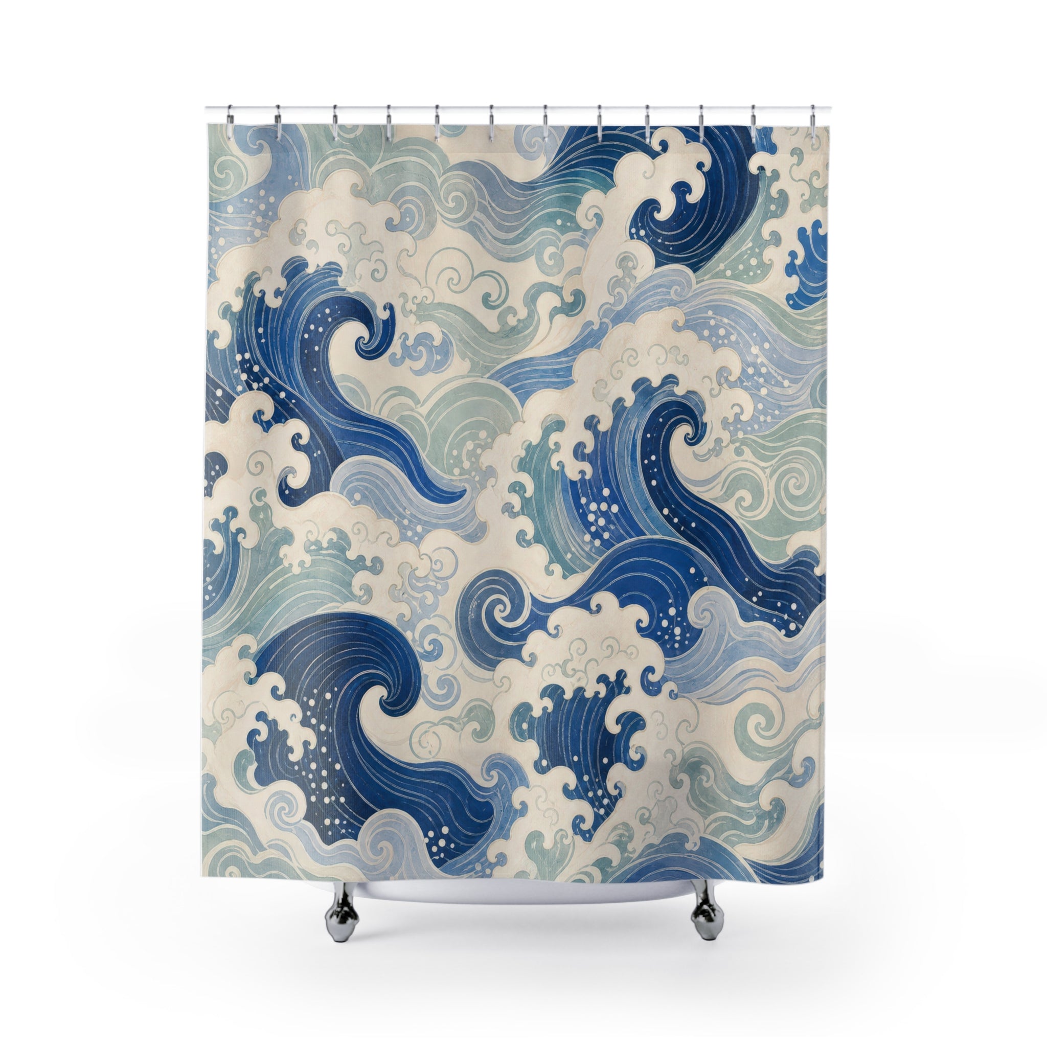 Blue Ocean Wave Japanese Coastal Watercolor Shower Curtain