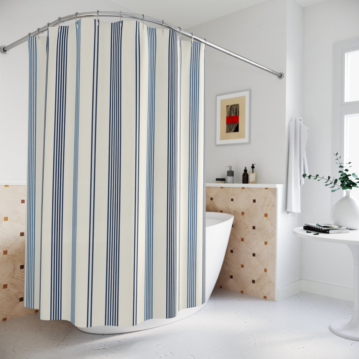 Navy and slate-blue pinstripe groups on warm ivory shower curtain beside a freestanding tub
