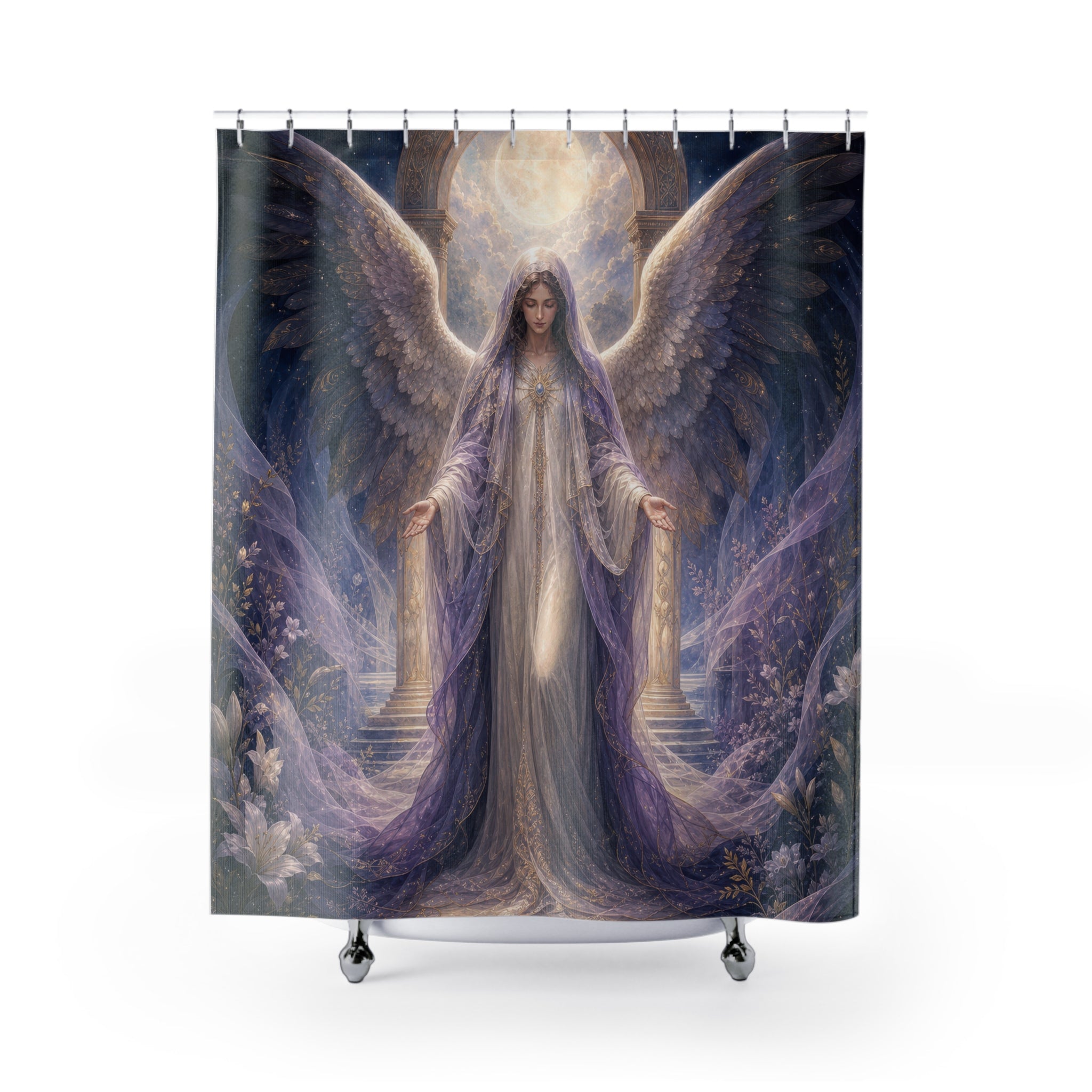 Azrael Shower Curtain, Peaceful Angel Of Passage Art, Lavender Celestial Decor, Soft Spiritual Comfort Bathroom Accent, Moonlit Decor