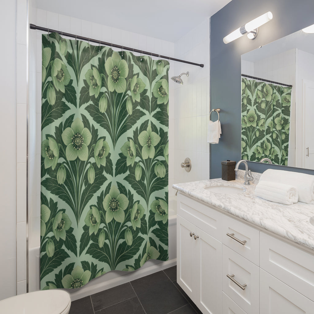 Celadon hellebores and forest-green leaves on mint shower curtain beside a white vanity