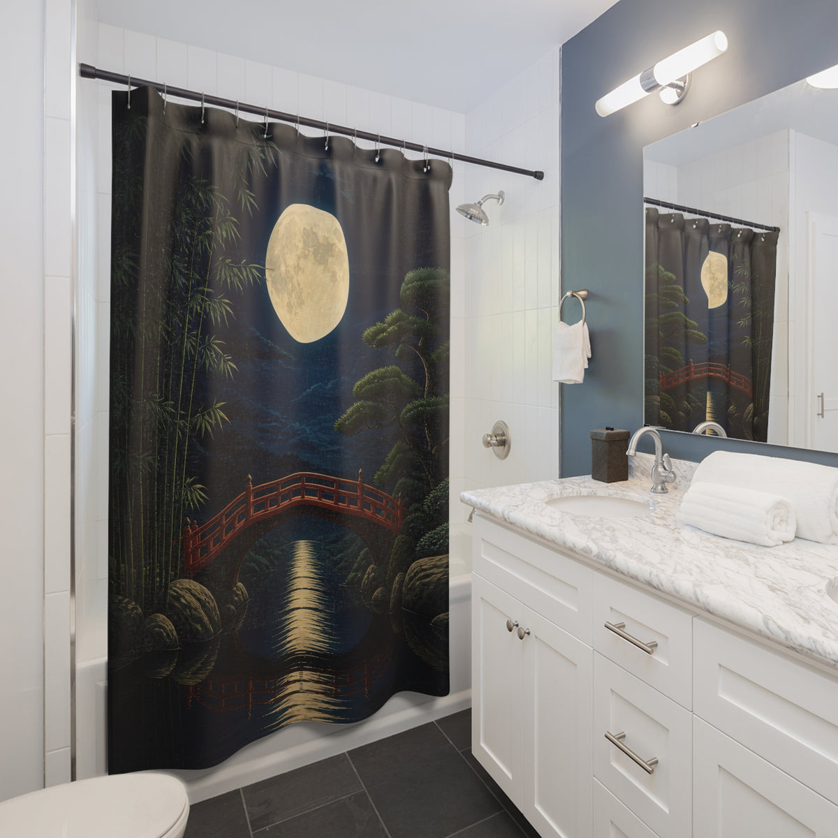 Vermilion bridge beneath a full moon in an indigo garden shower curtain beside a white vanity