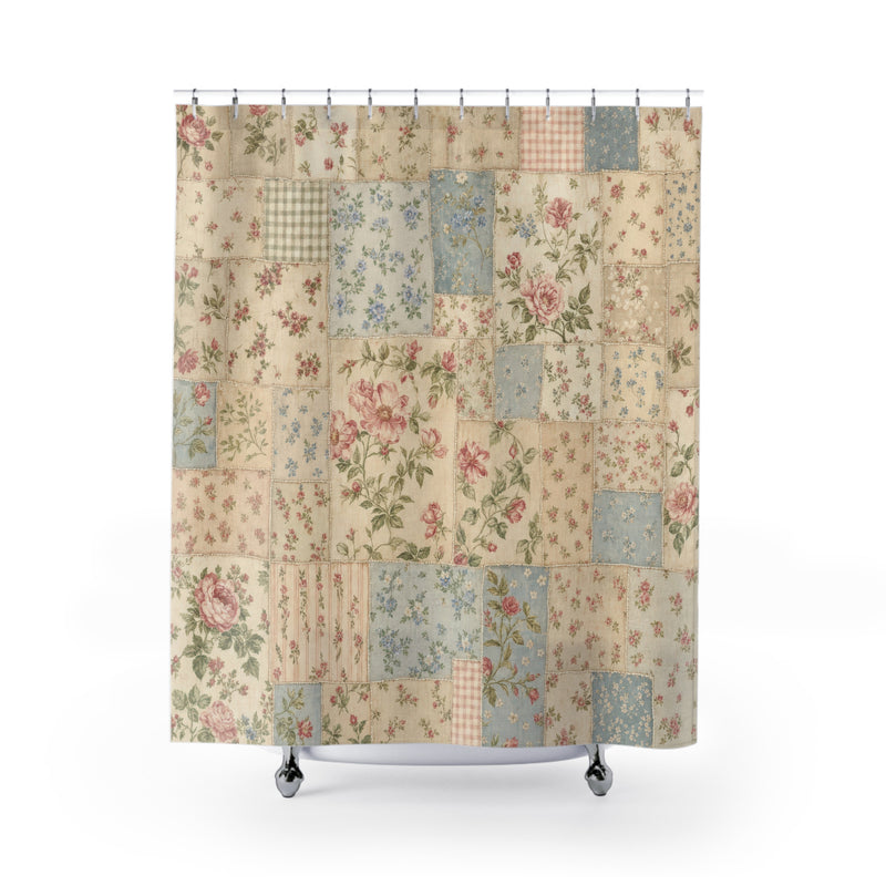 Vintage Floral Patchwork Cottagecore shower curtain with full front view