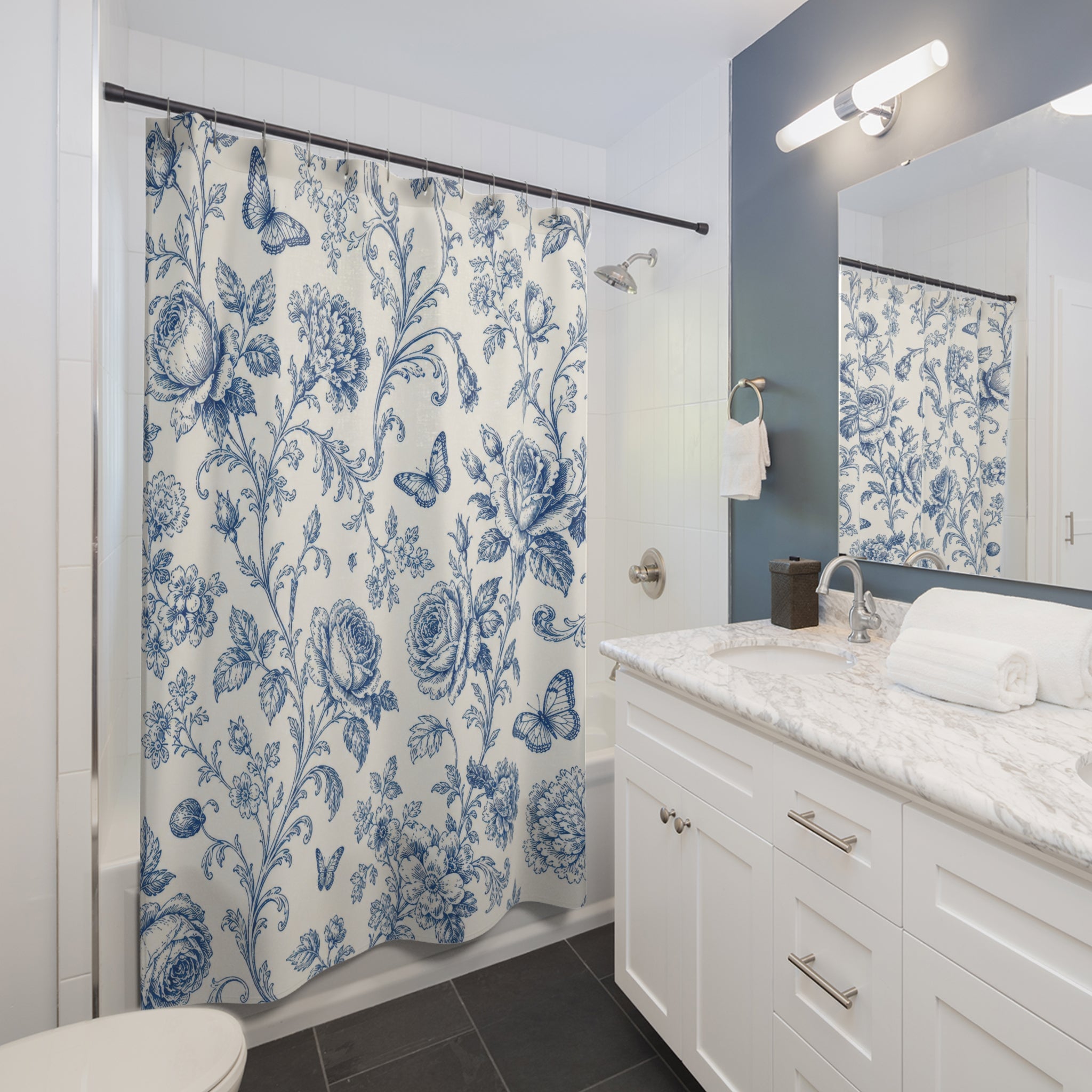 Blue Rose Toile Shower Curtain