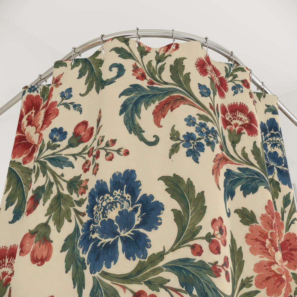 Red and blue chintz flowers with curling green leaves shower curtain with close-up print, hooks, and folds
