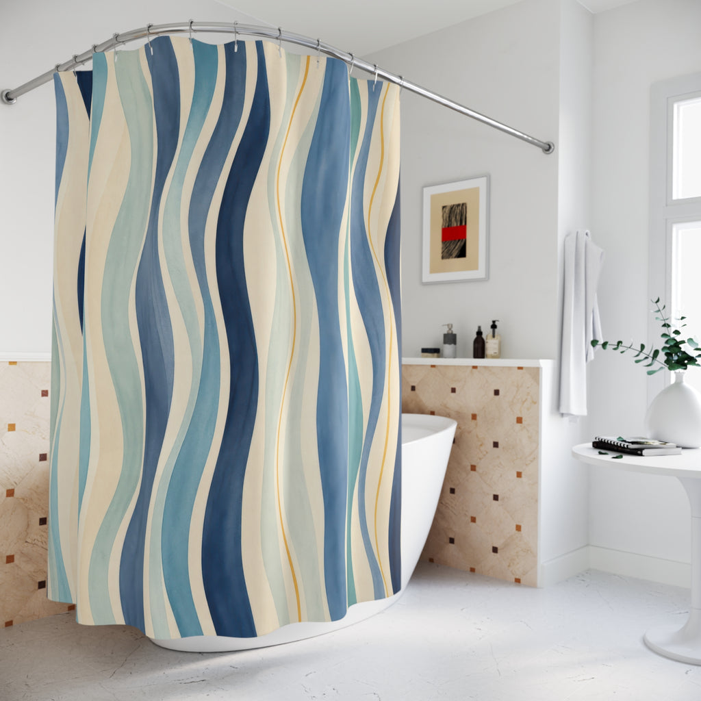 Navy Aqua Wavy Ribbon Shower Curtain