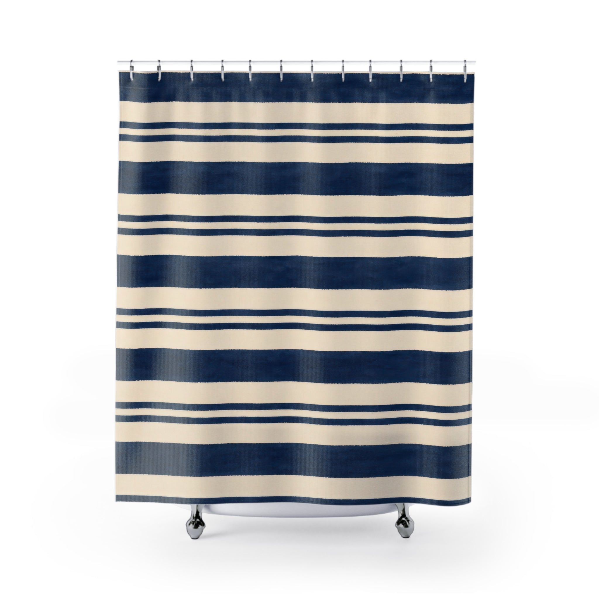 Navy Blue Cream Horizontal Stripe Shower Curtain