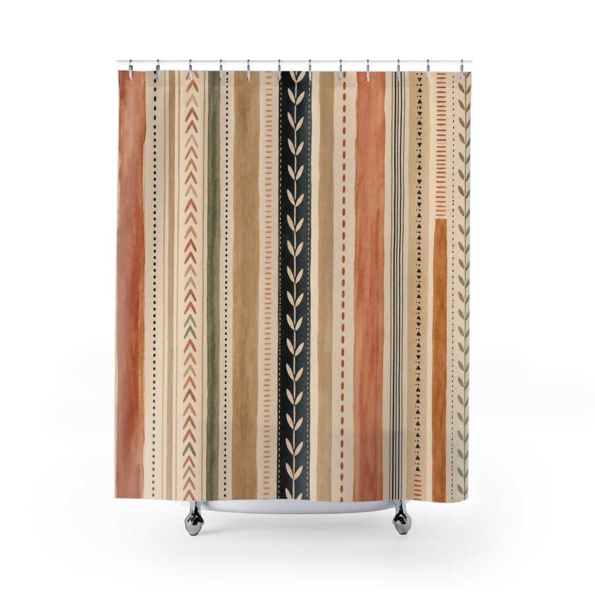 Olive Green Terracotta Geometric Stripe Shower Curtain