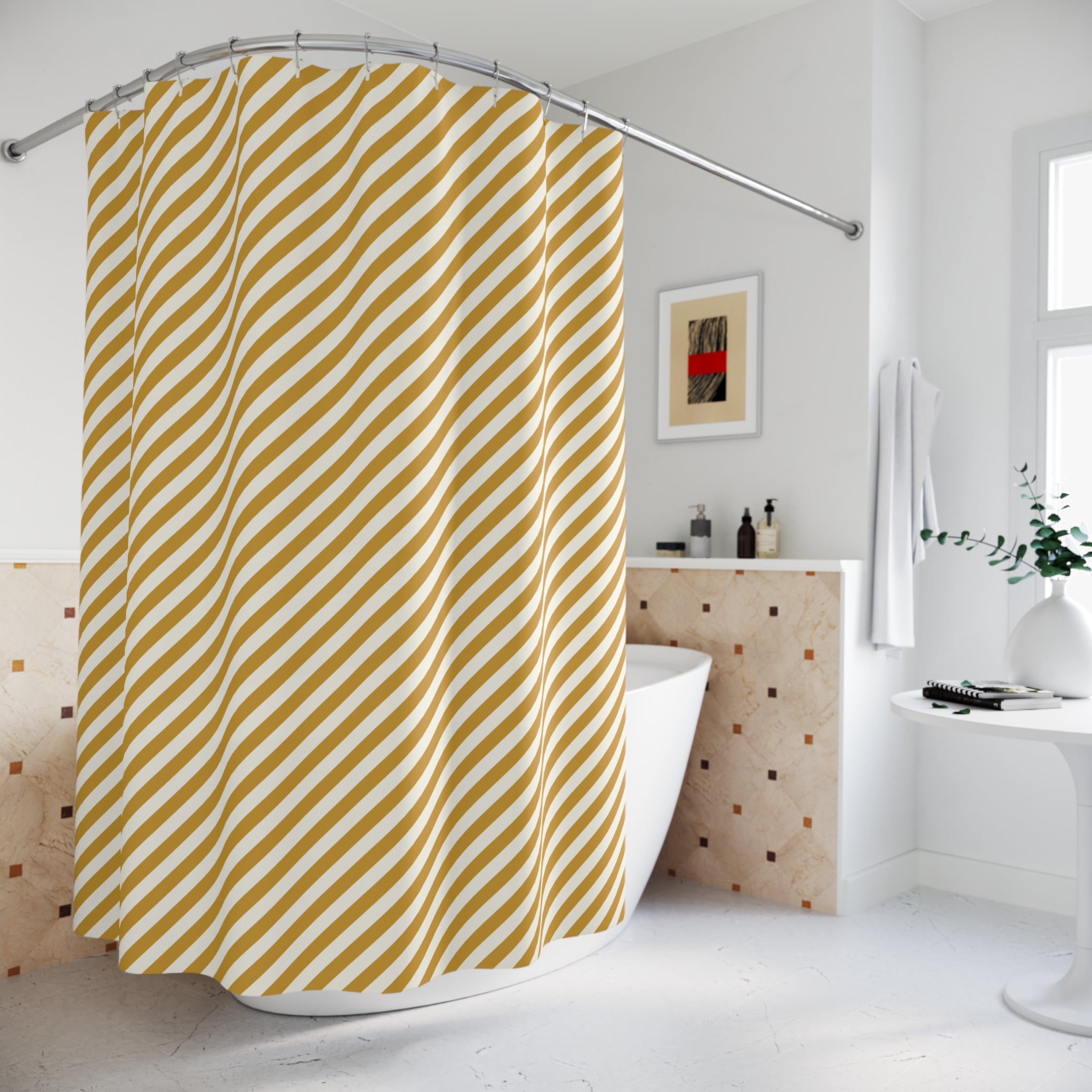 Yellow and White Diagonal Stripe Shower Curtain