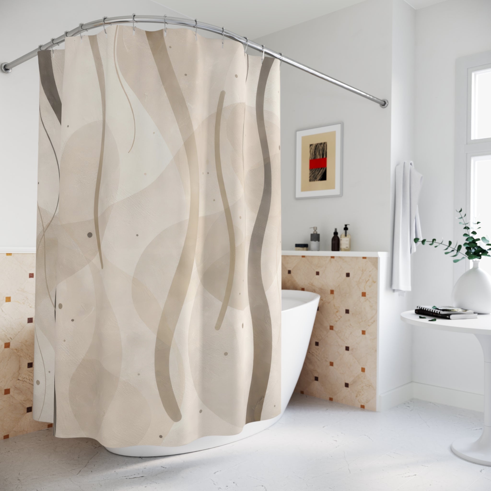 Abstract Wavy Line Shower Curtain – Beige Taupe