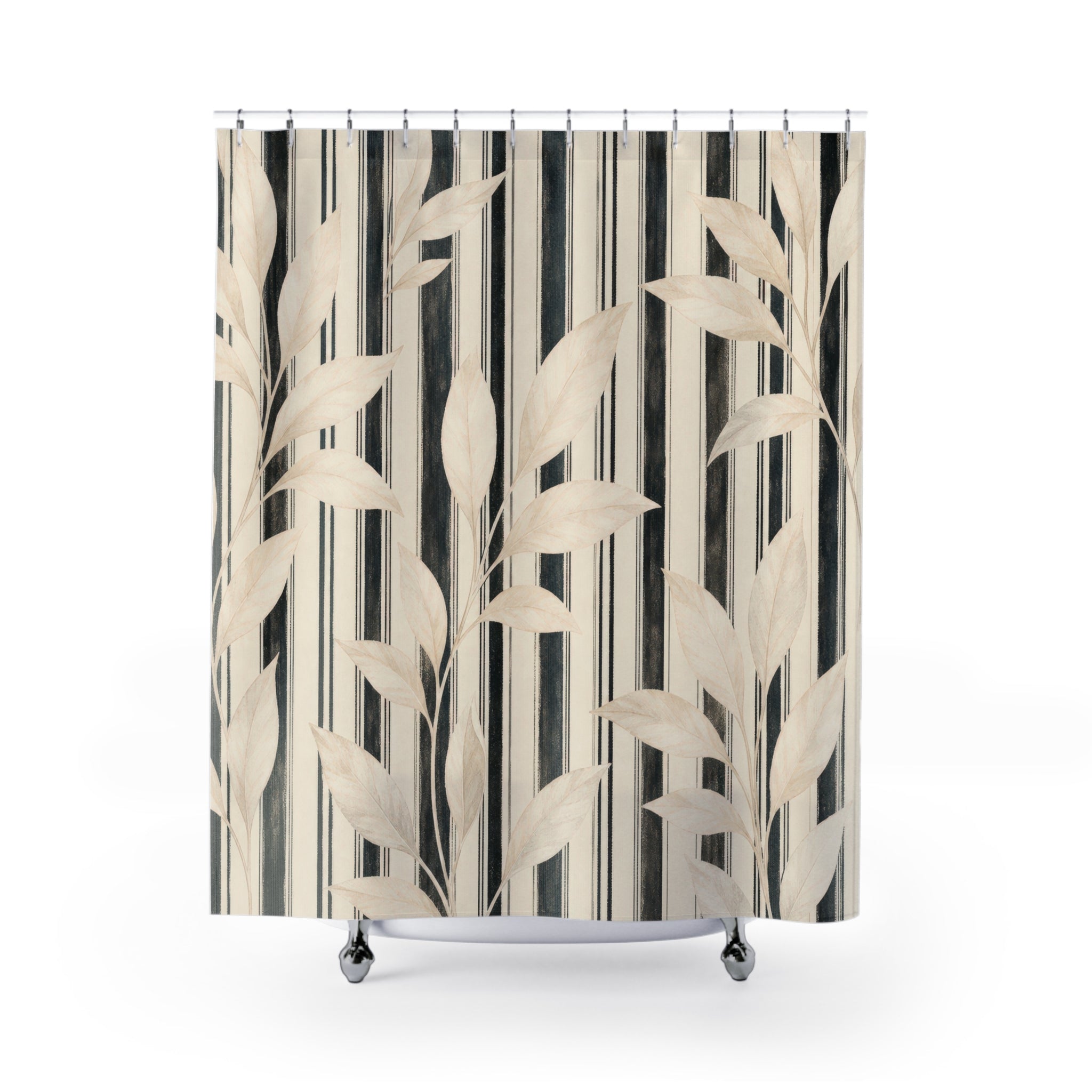 Cream Leaf Pinstripe Shower Curtain