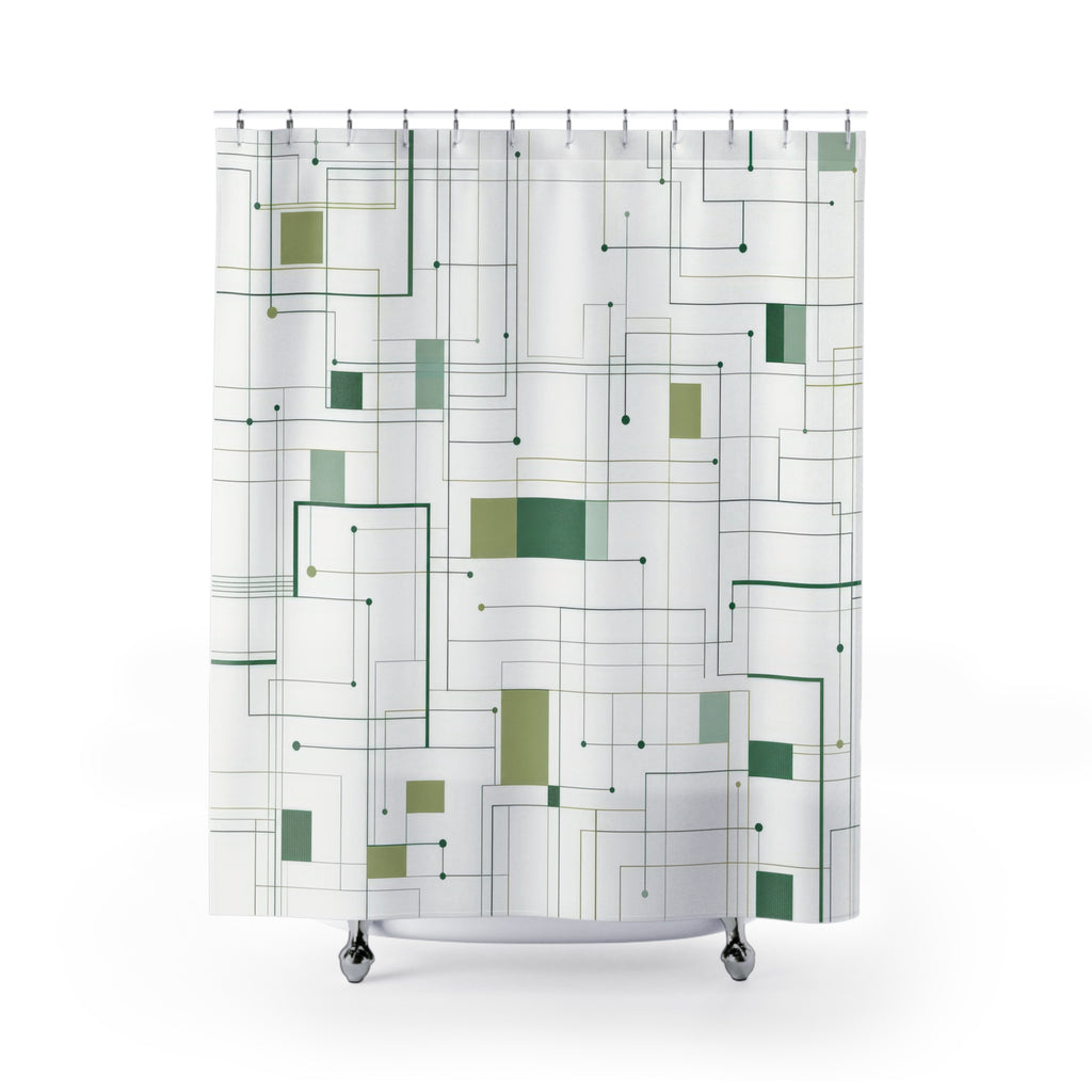 Modern Shower Curtain, Green White Grid Bath Decor, Abstract Line Pattern, Minimal Guest Bathroom Decor, Sage Geometric Style Decor
