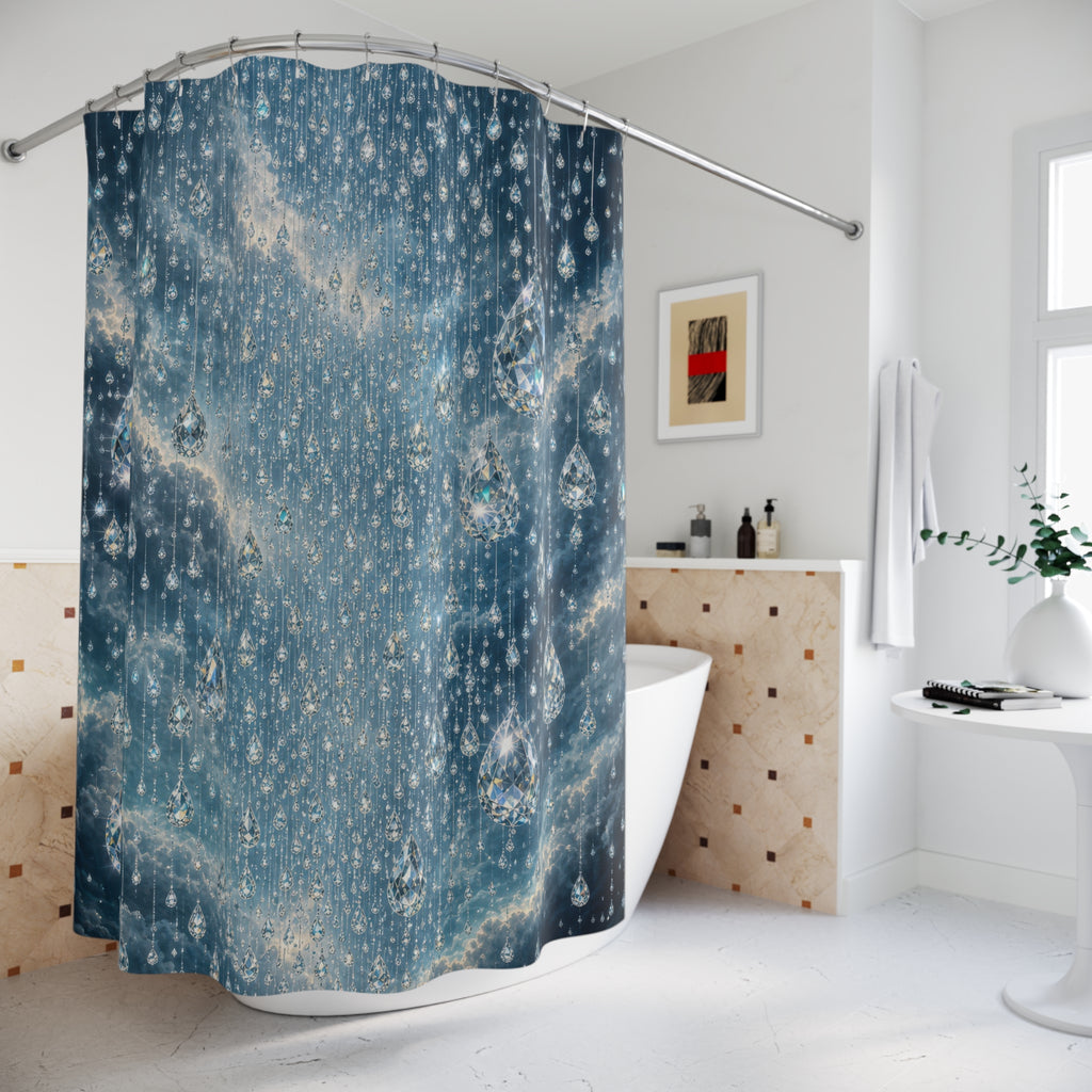 Unique Blue Shower Curtain, Crystal Rain Droplet Art, Sparkling Icy Bathroom Decor, Cool Abstract Guest Bath Wall Accent Gift For Home